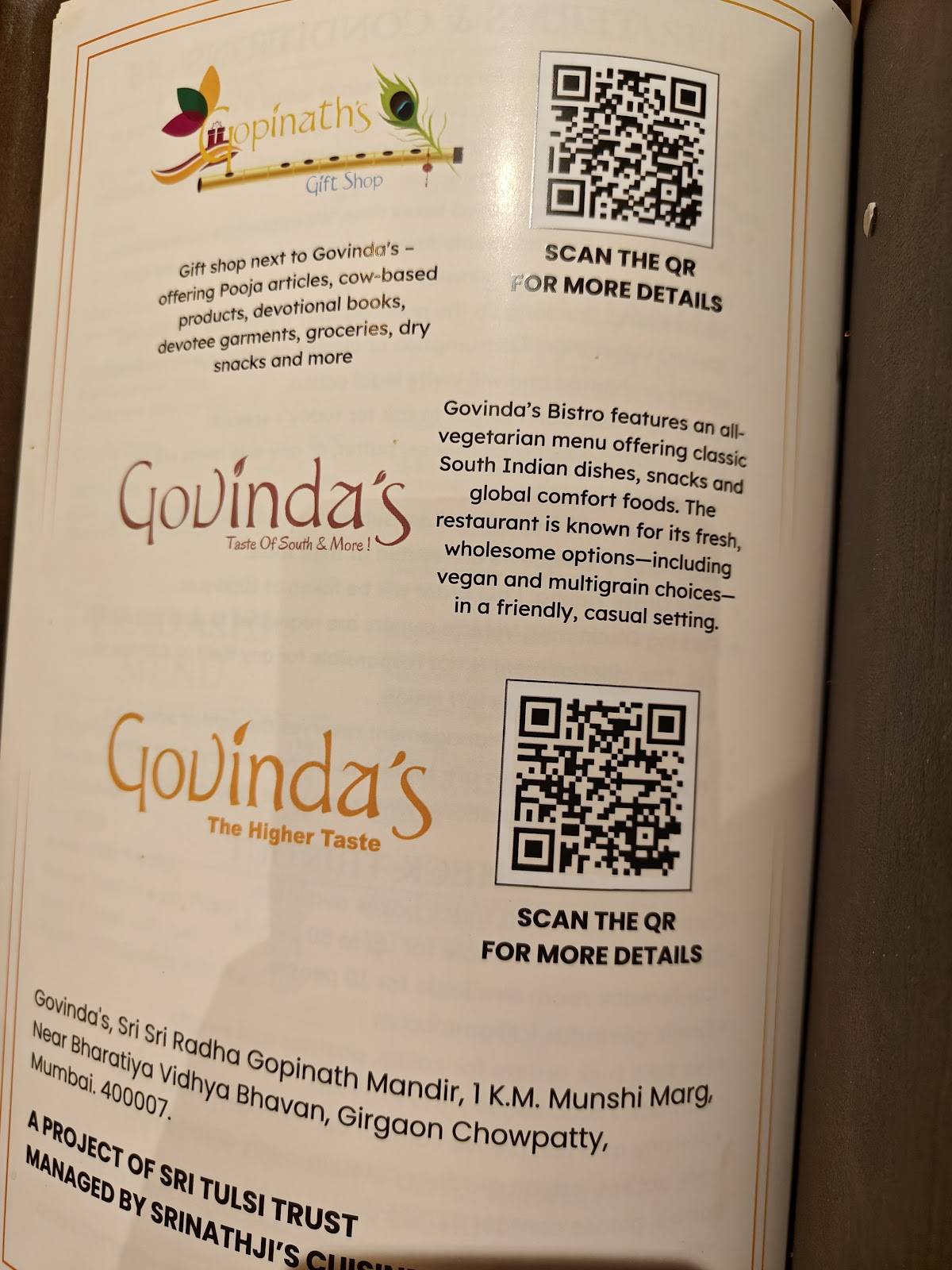 Govindas International- The Higher Taste menu