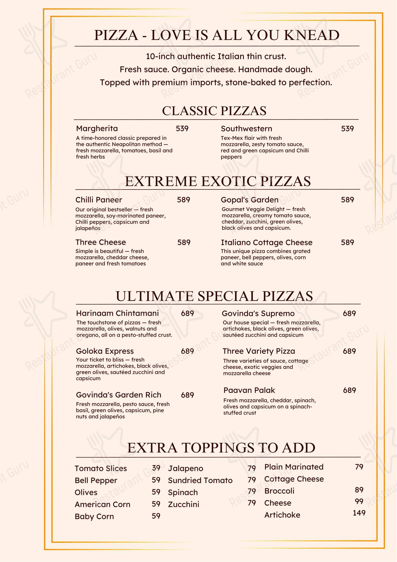 Menu for the Govindas International- The Higher Taste restaurant