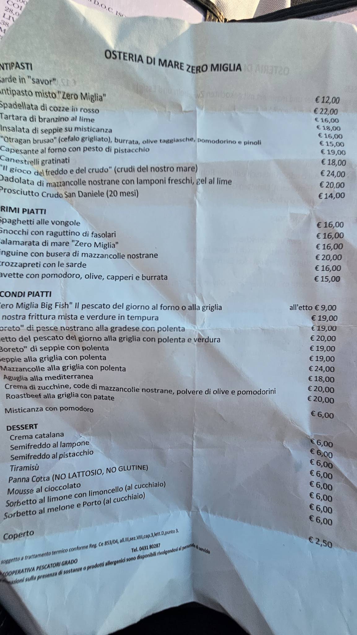 Menu di Zero Miglia 