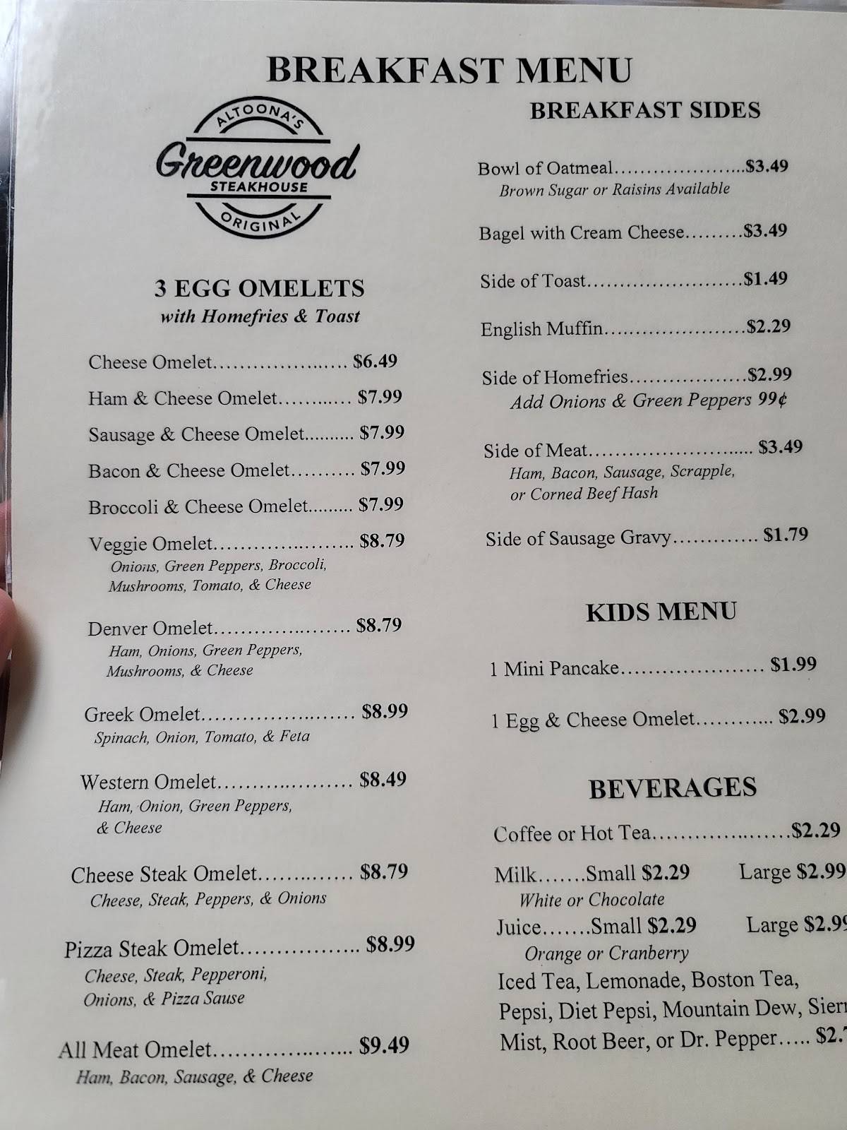 Menu at Greenwood Steakhouse, Altoona