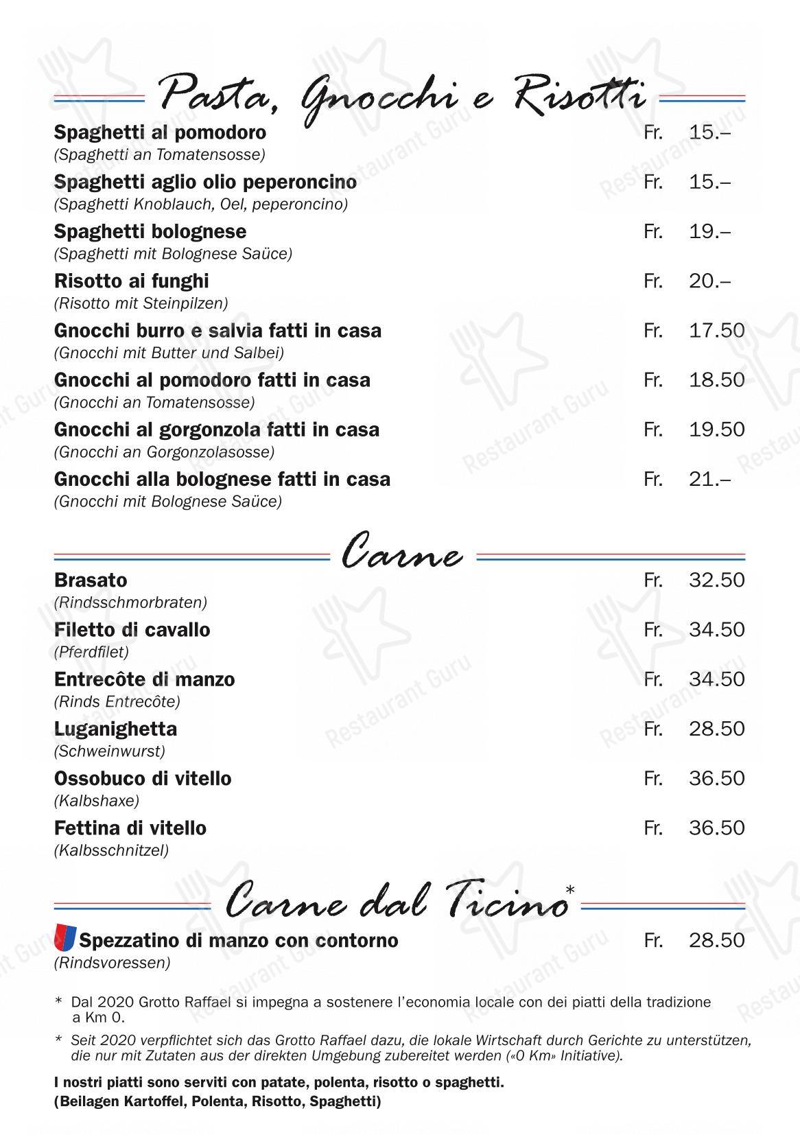 Grotto Raffael in Losone - 菜单