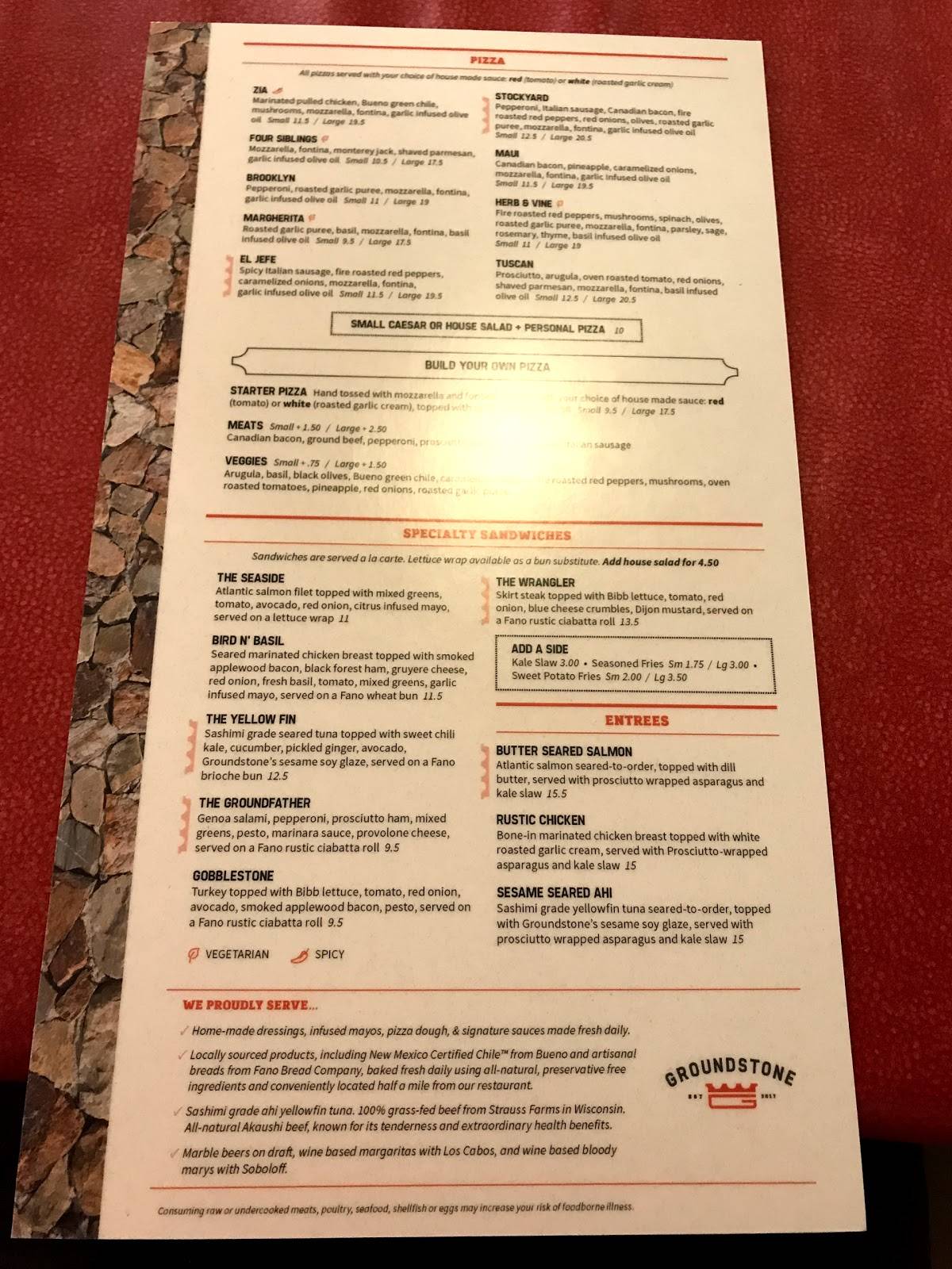 Menu at Groundstone pizzeria, Albuquerque