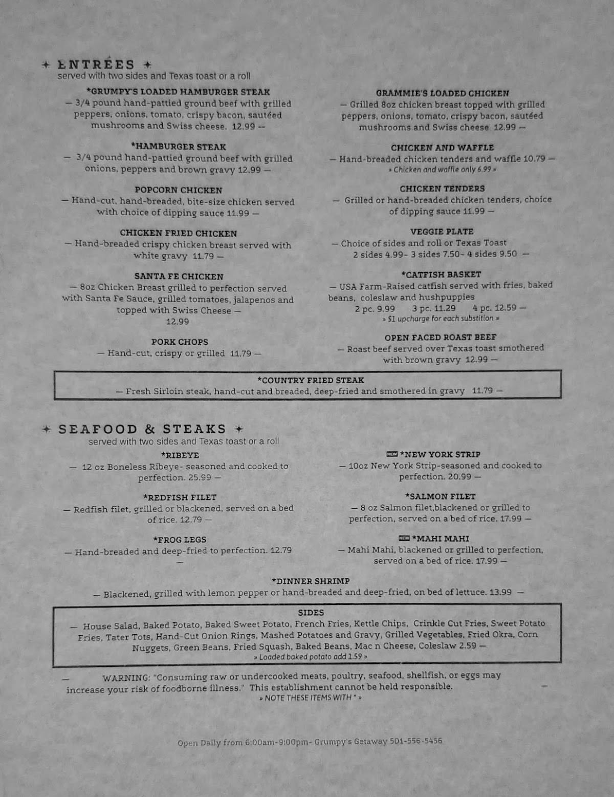 Menu at Grumpy's Getaway restaurant, Rose Bud, 442 AR5