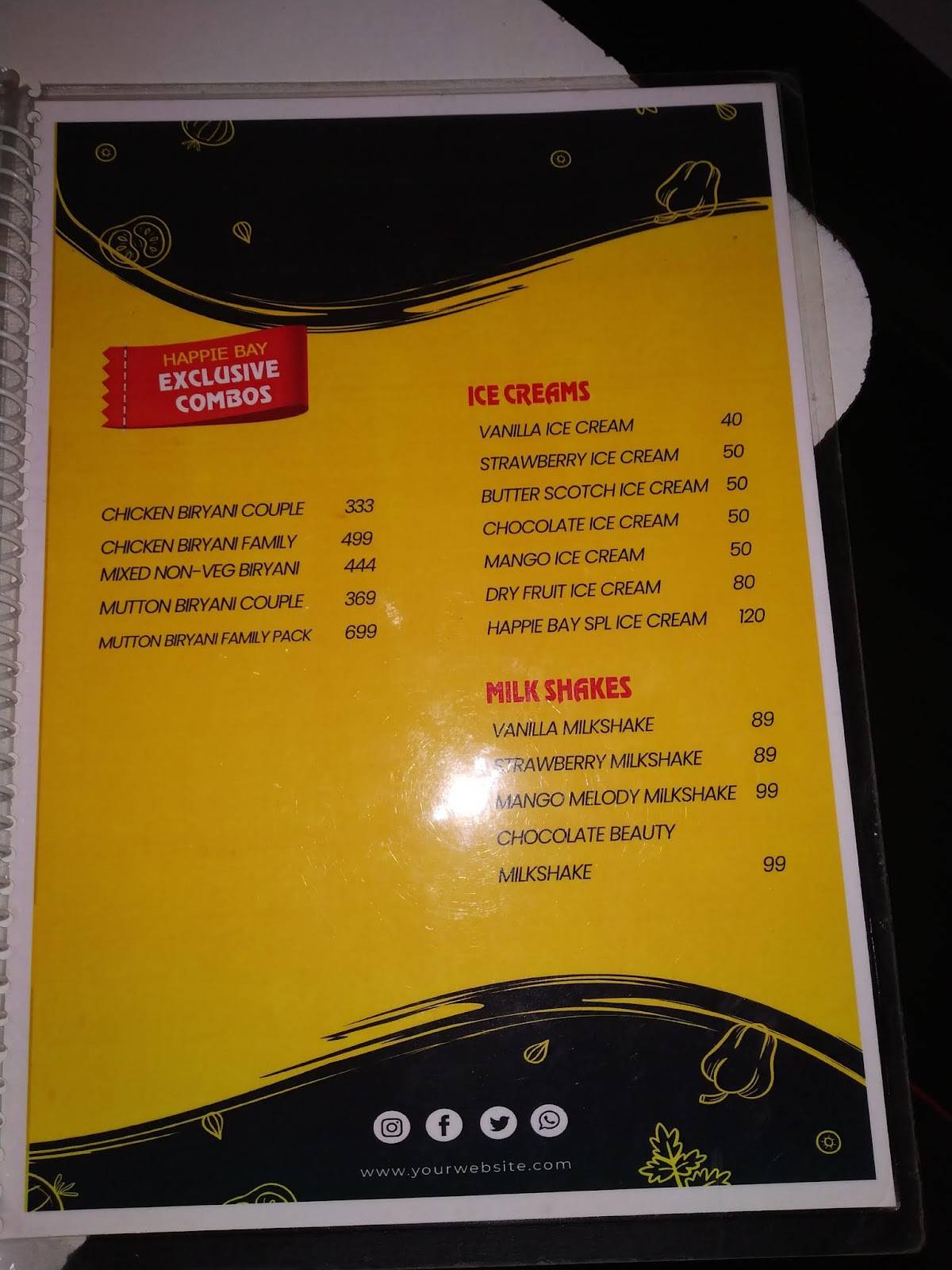 Happie Bay menu