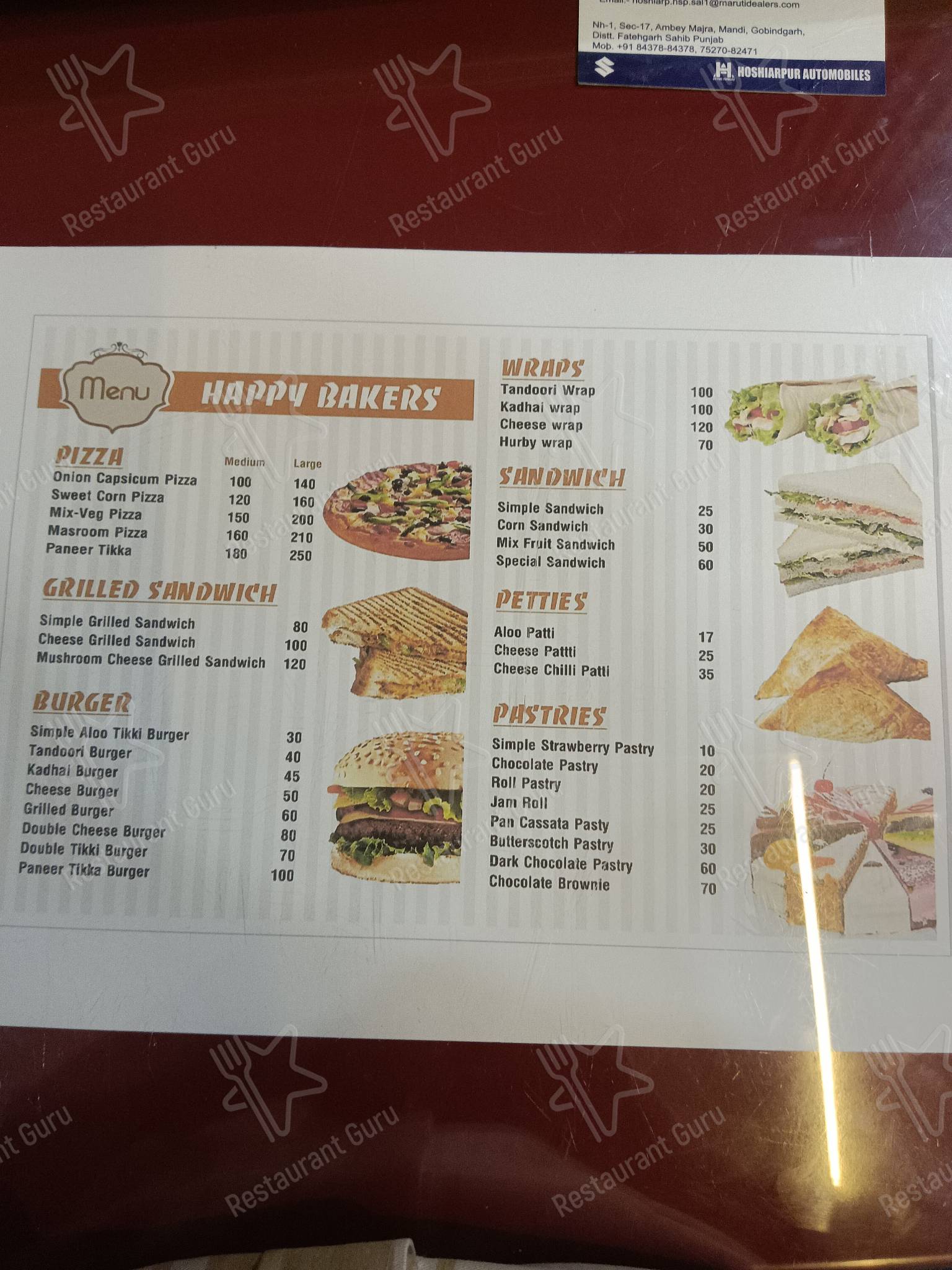 Happy Bakers menu - meals and drinks