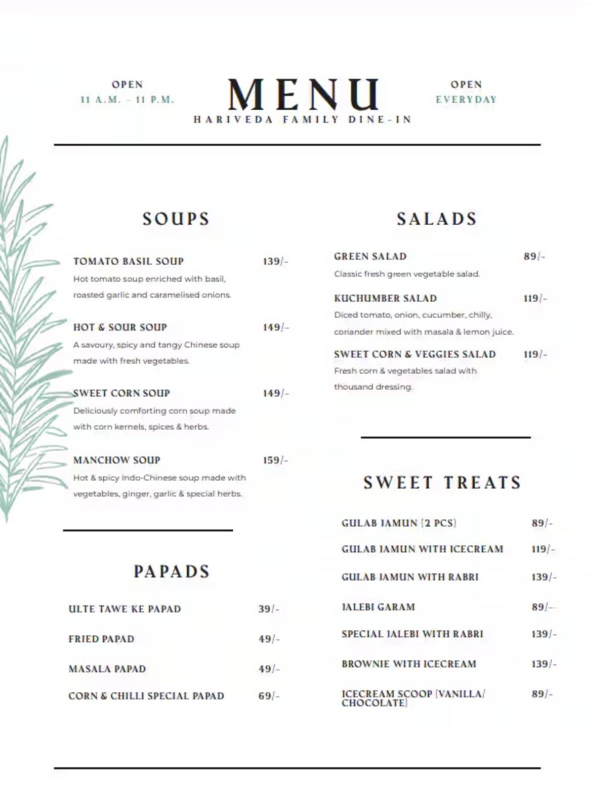 Hariveda Restaurant menu