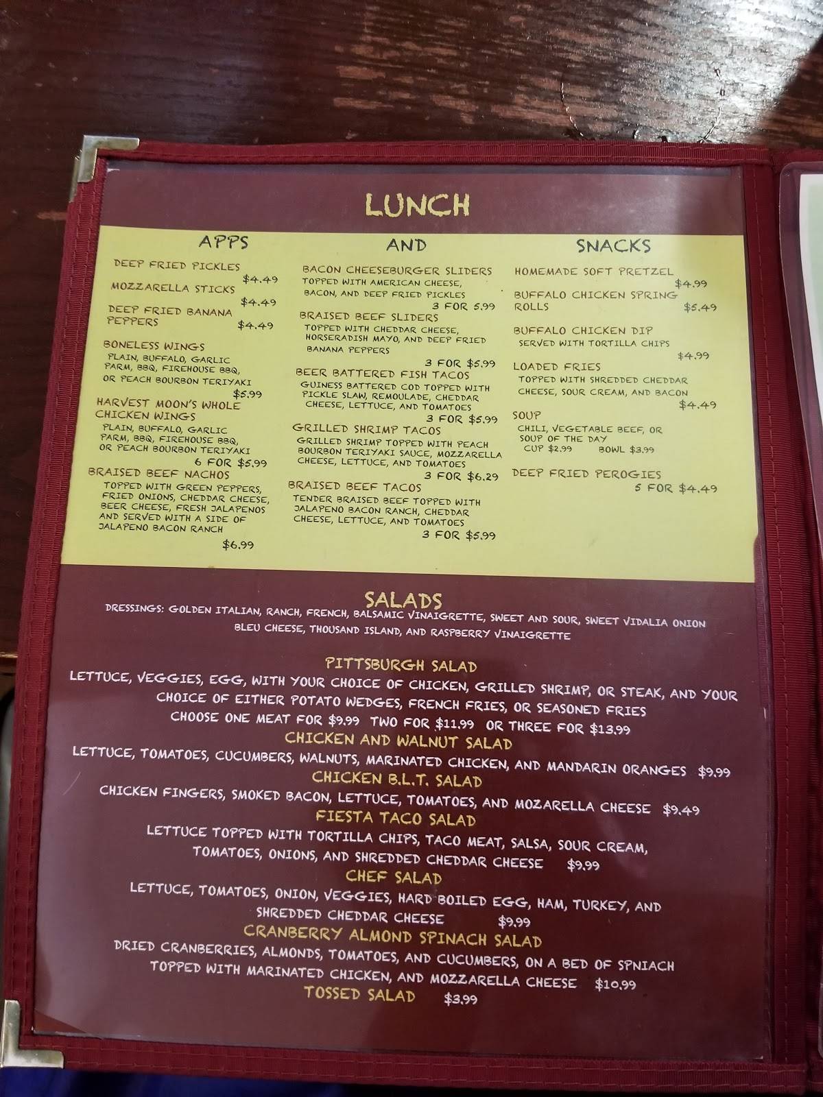 Menu at Harvest Moon restaurant, Williamsport