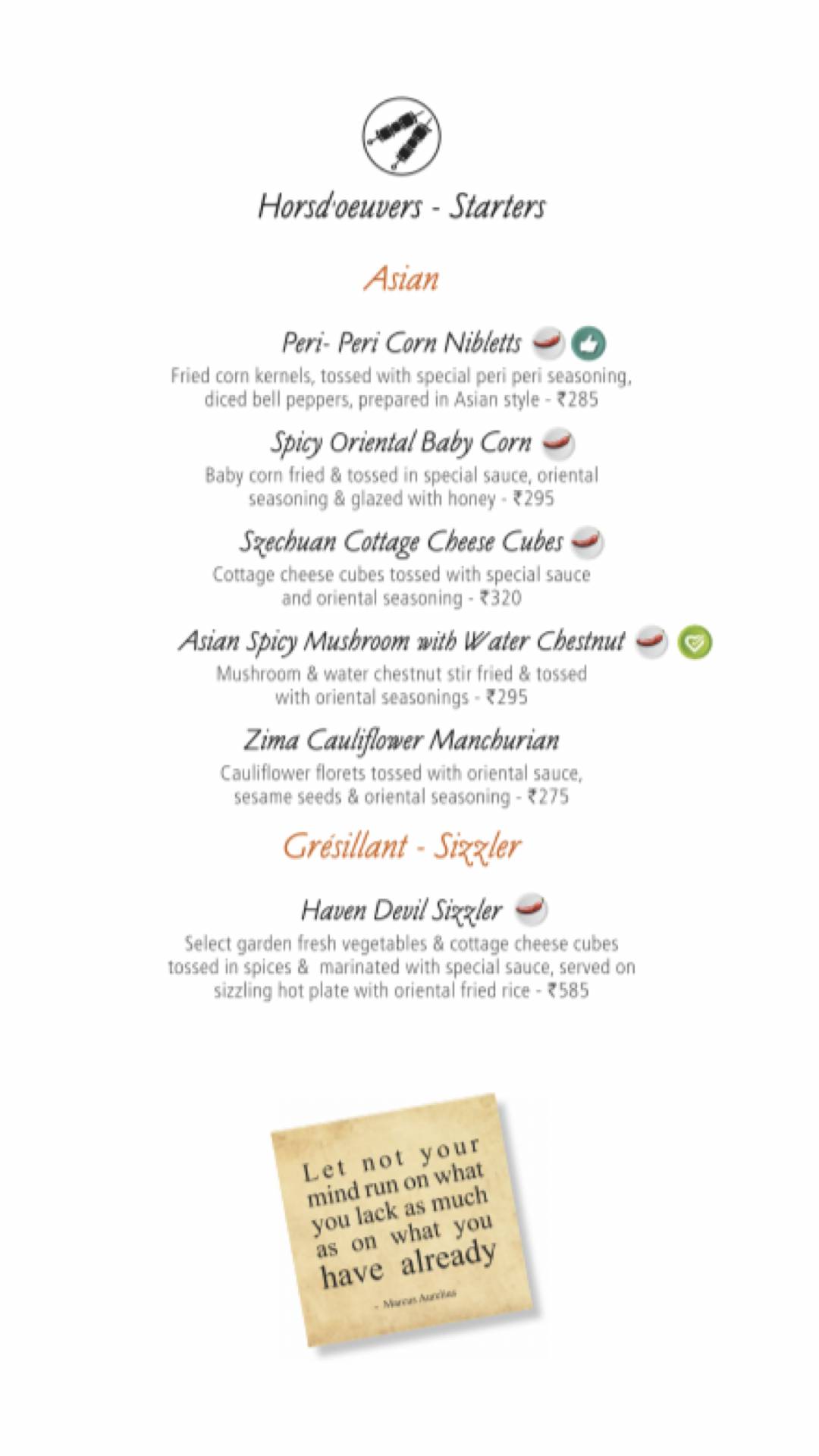 Haven Sampoorna - Vegetarian Restaurant menu