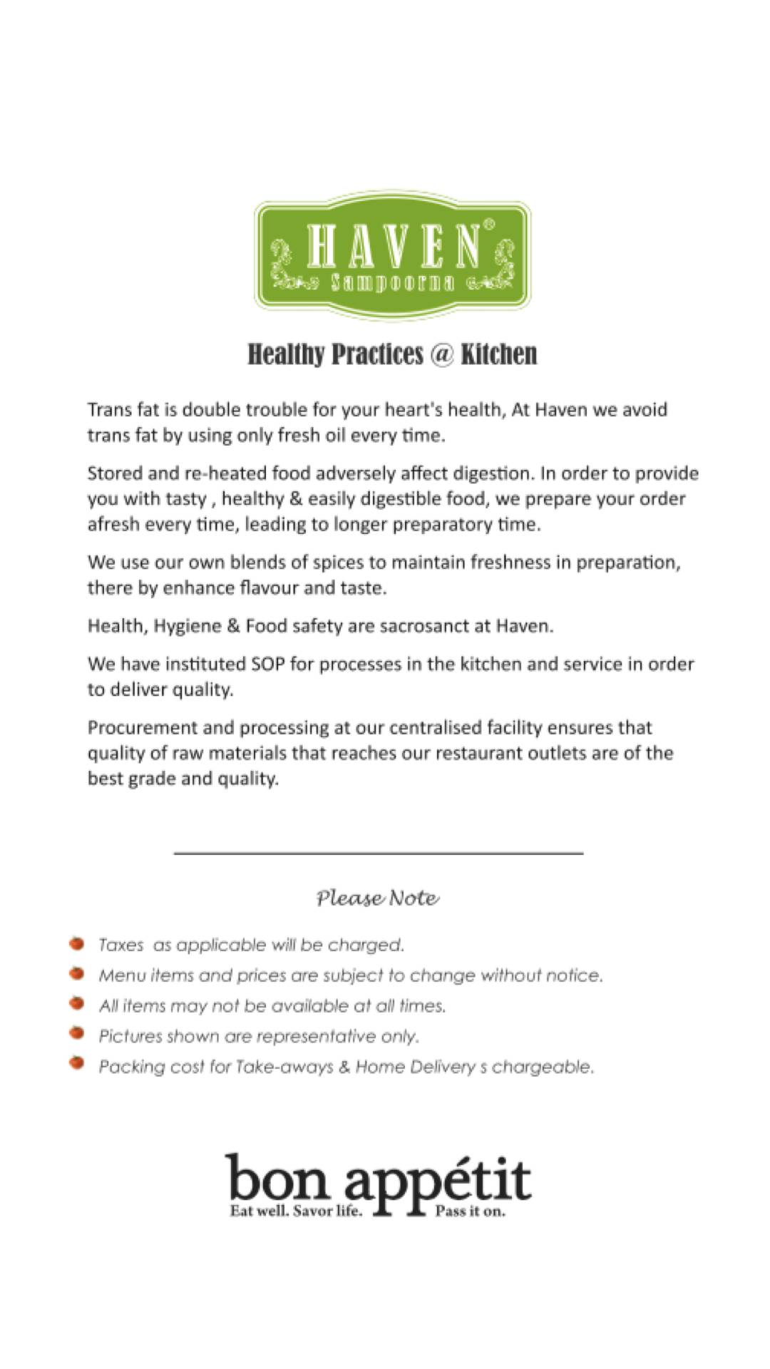 Haven Sampoorna - Vegetarian Restaurant menu