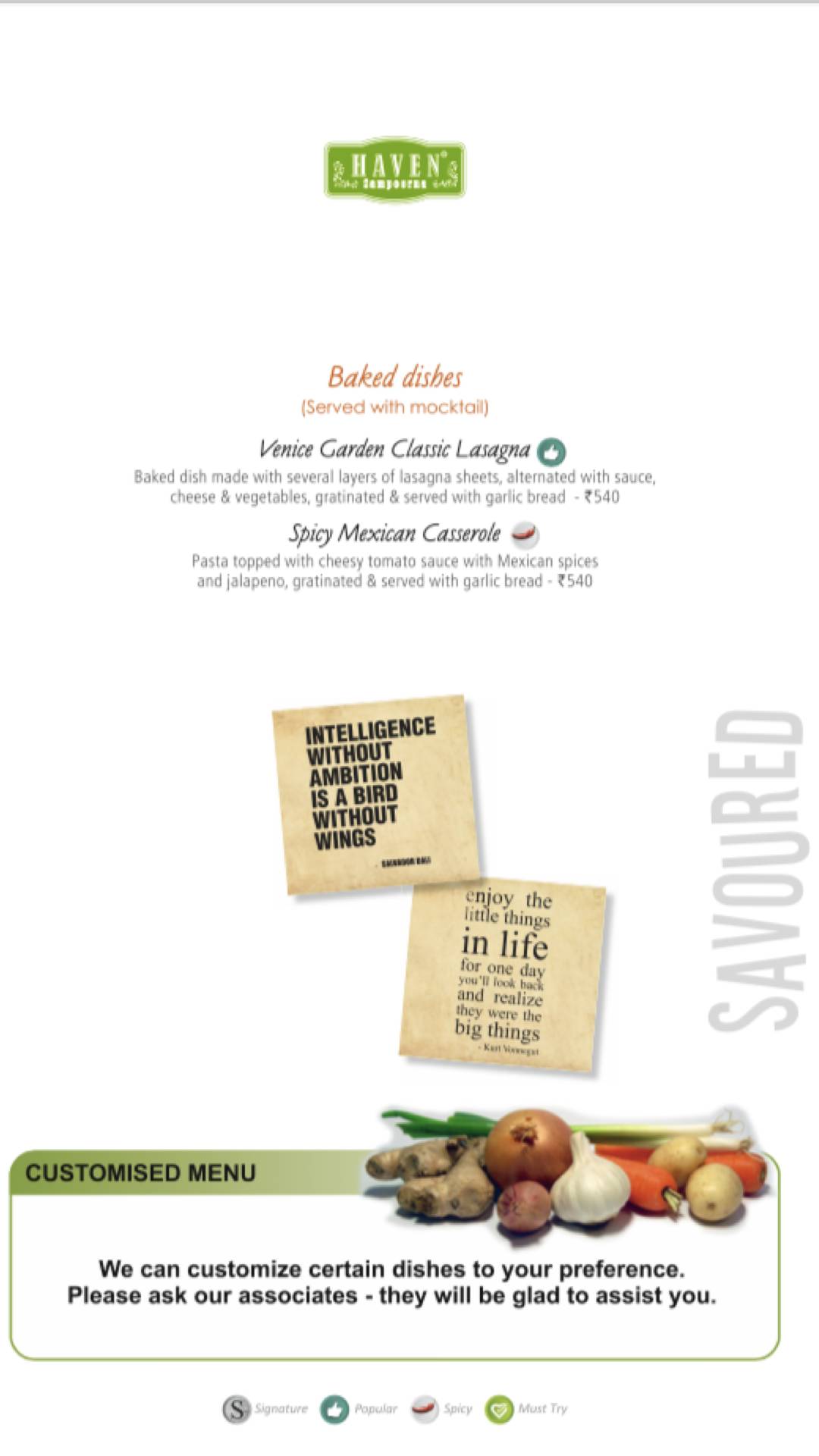 Haven Sampoorna - Vegetarian Restaurant menu