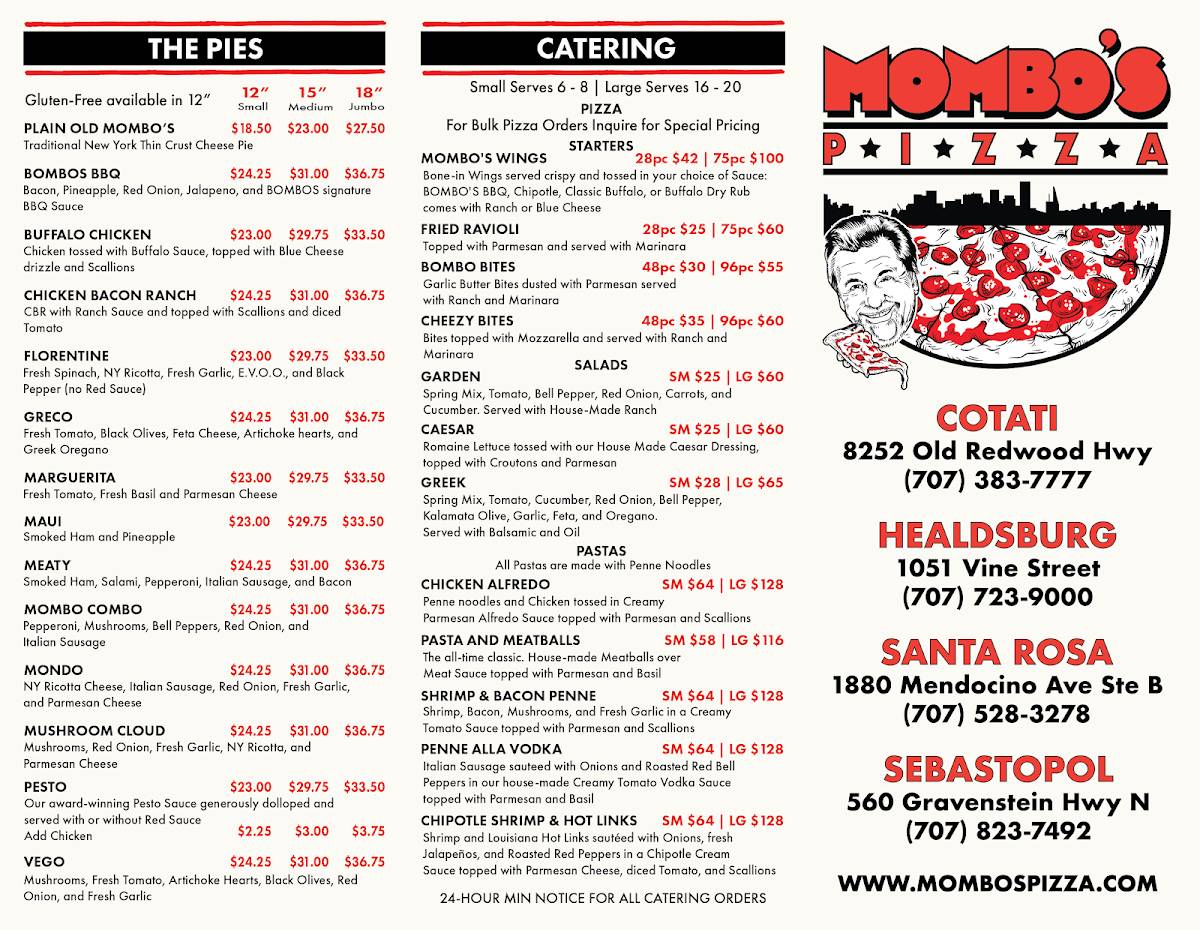 Menu at Mombo's Pizza pizzeria, Healdsburg