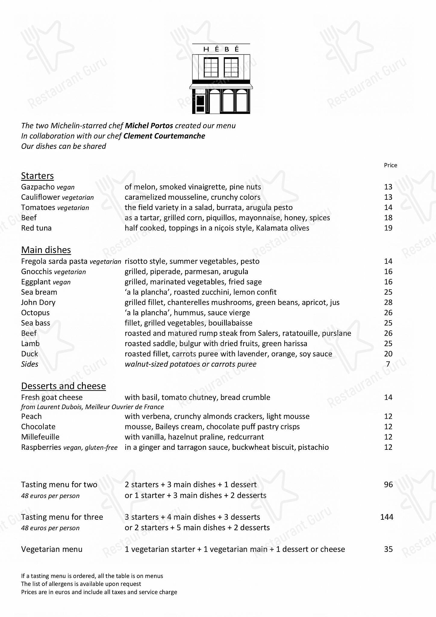 Dessert Menu pour HEBE restaurant - Paris restaurant