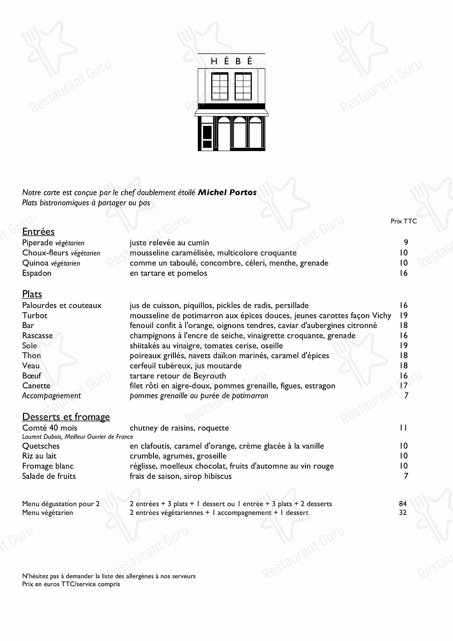 Menu pour HEBE restaurant - Paris - Dessert Menu
