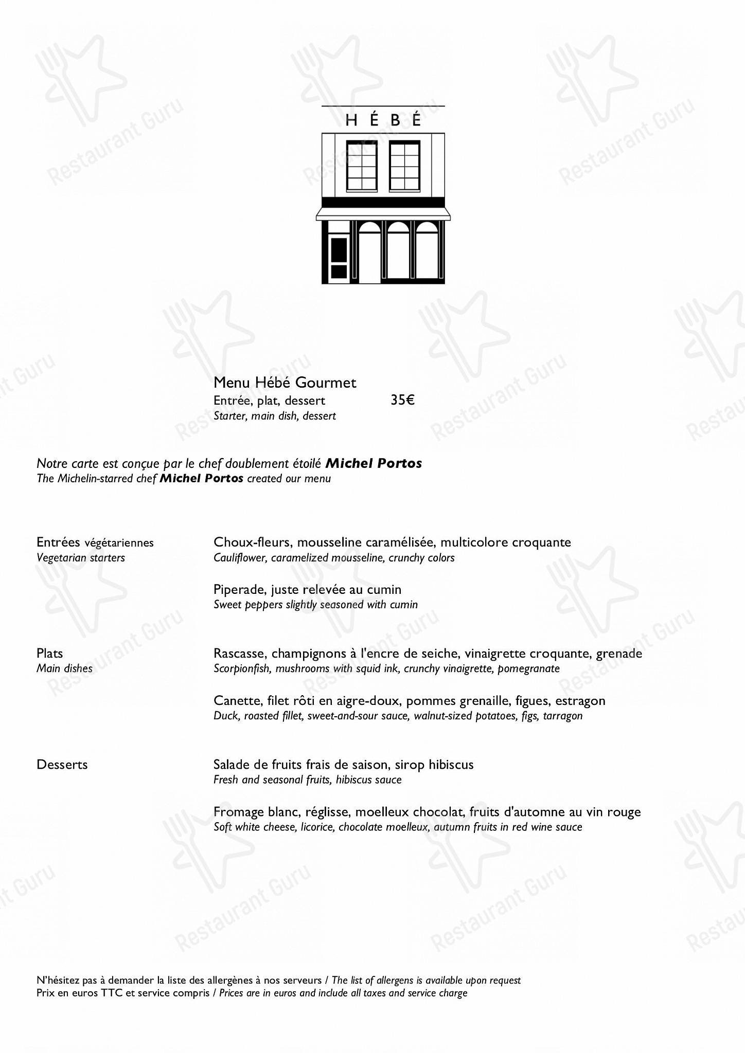 Menu pour HEBE restaurant - Paris - Dessert Menu