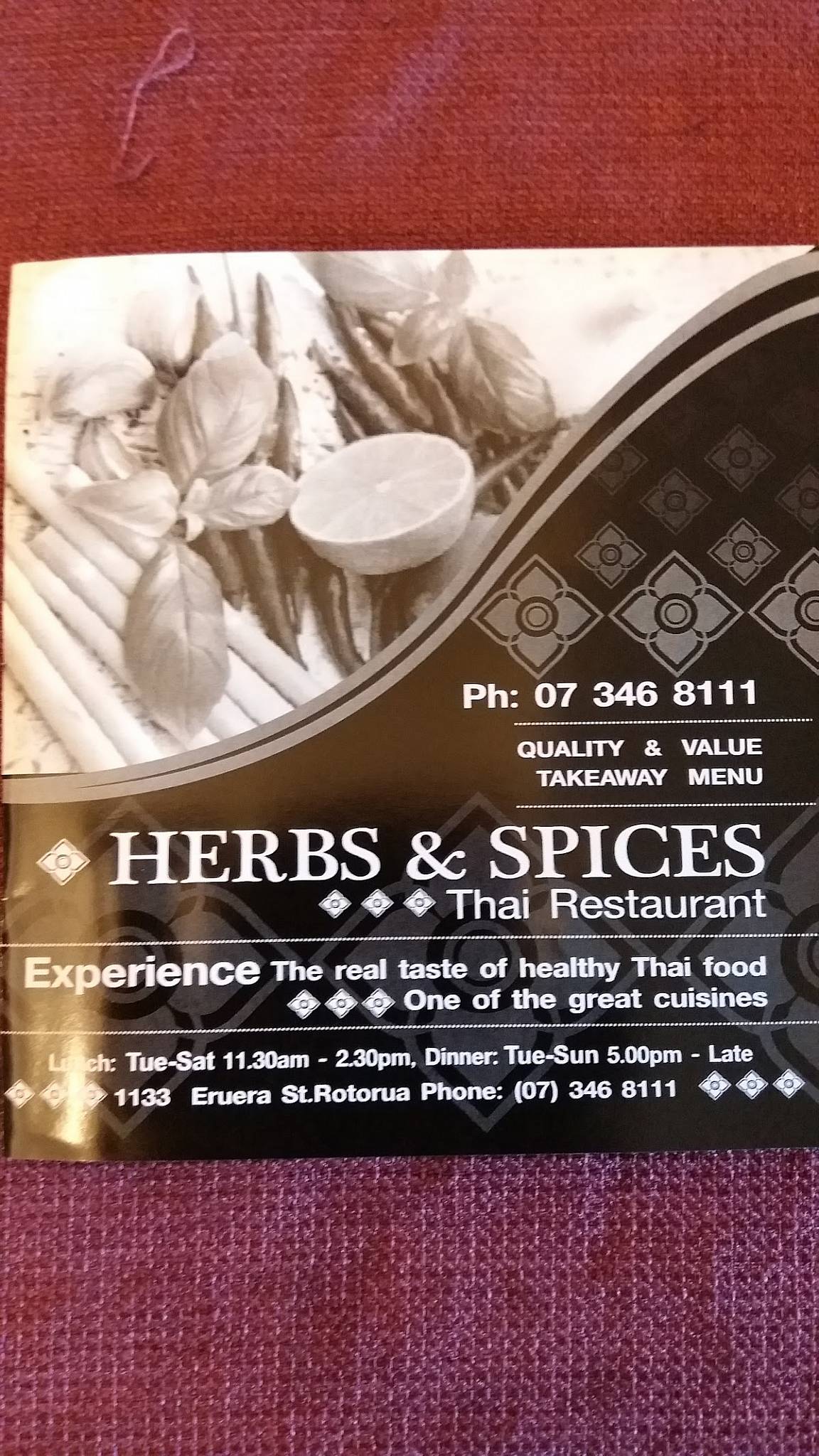 Menu at Herbs & Spice Thai Restaurant, Rotorua