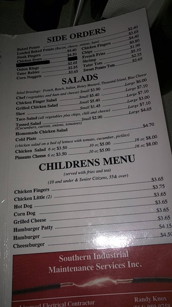 Menu at Pop's Diner restaurant, Honea Path
