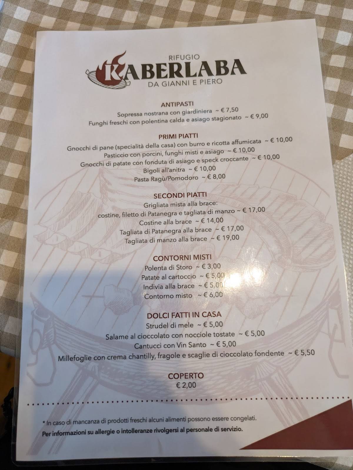 Menu di Rifugio Kaberlaba da Gianni e Piero 