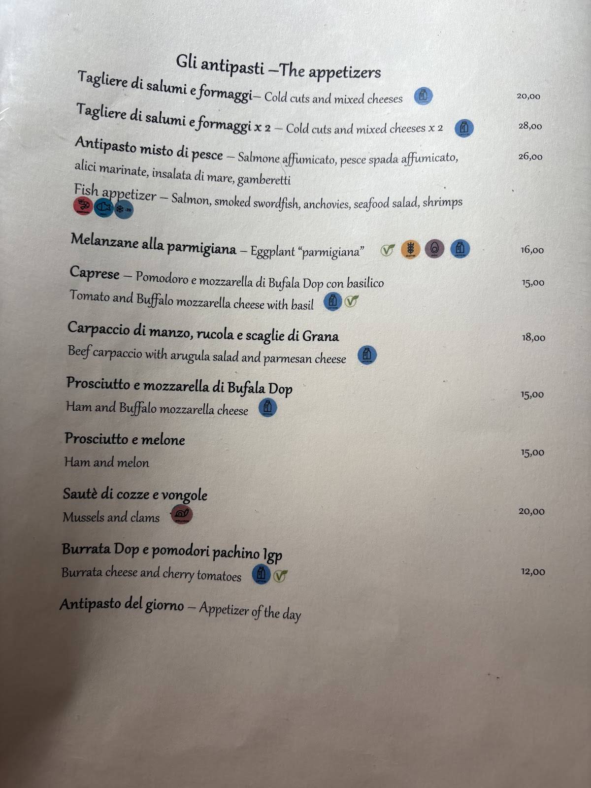 Menu de Hostaria de' Pastini