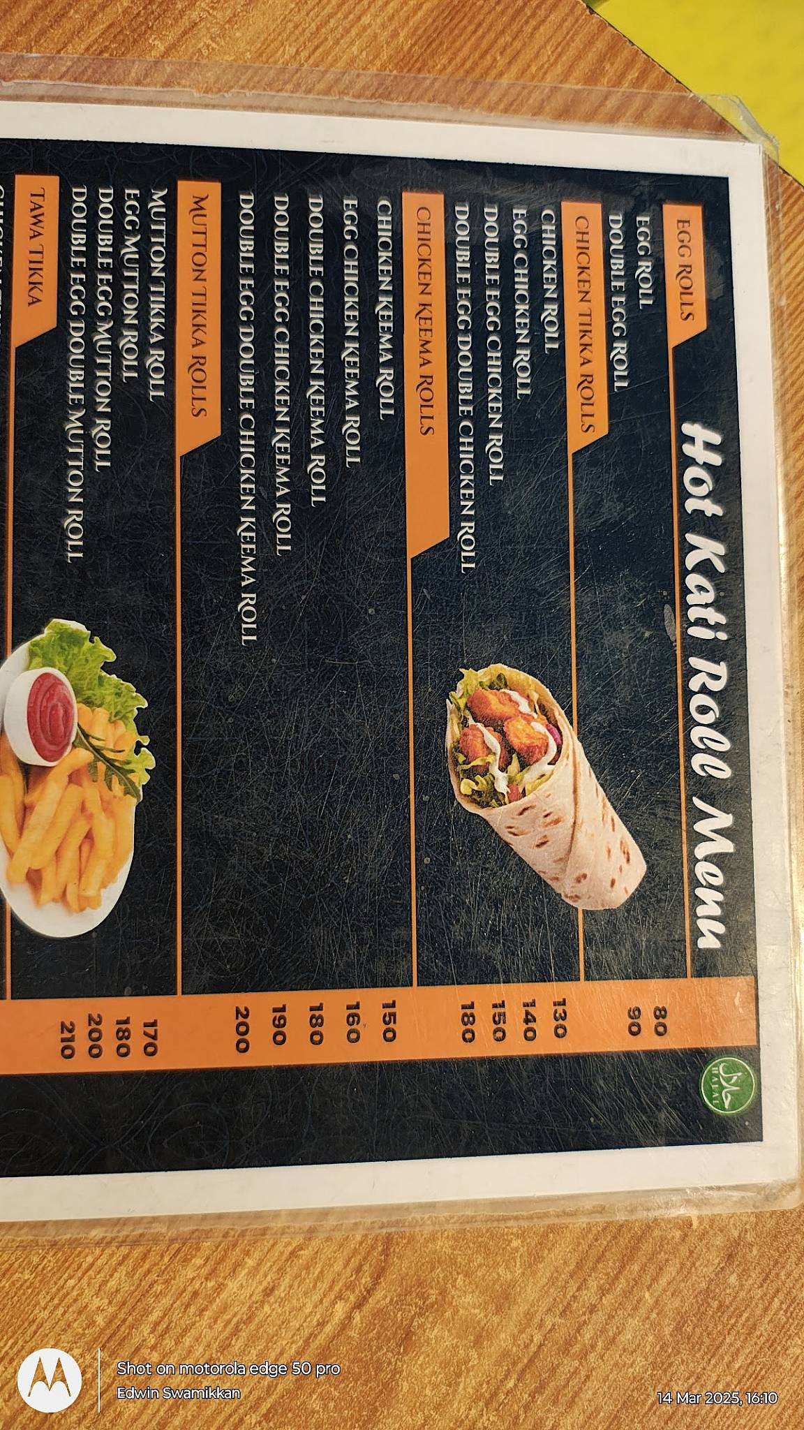 Hot kati roll menu