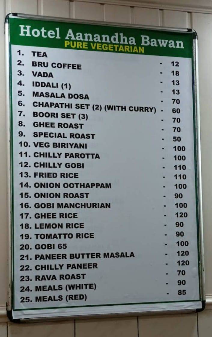 Hotel Aanandha Bawan Veg Restaurant menu