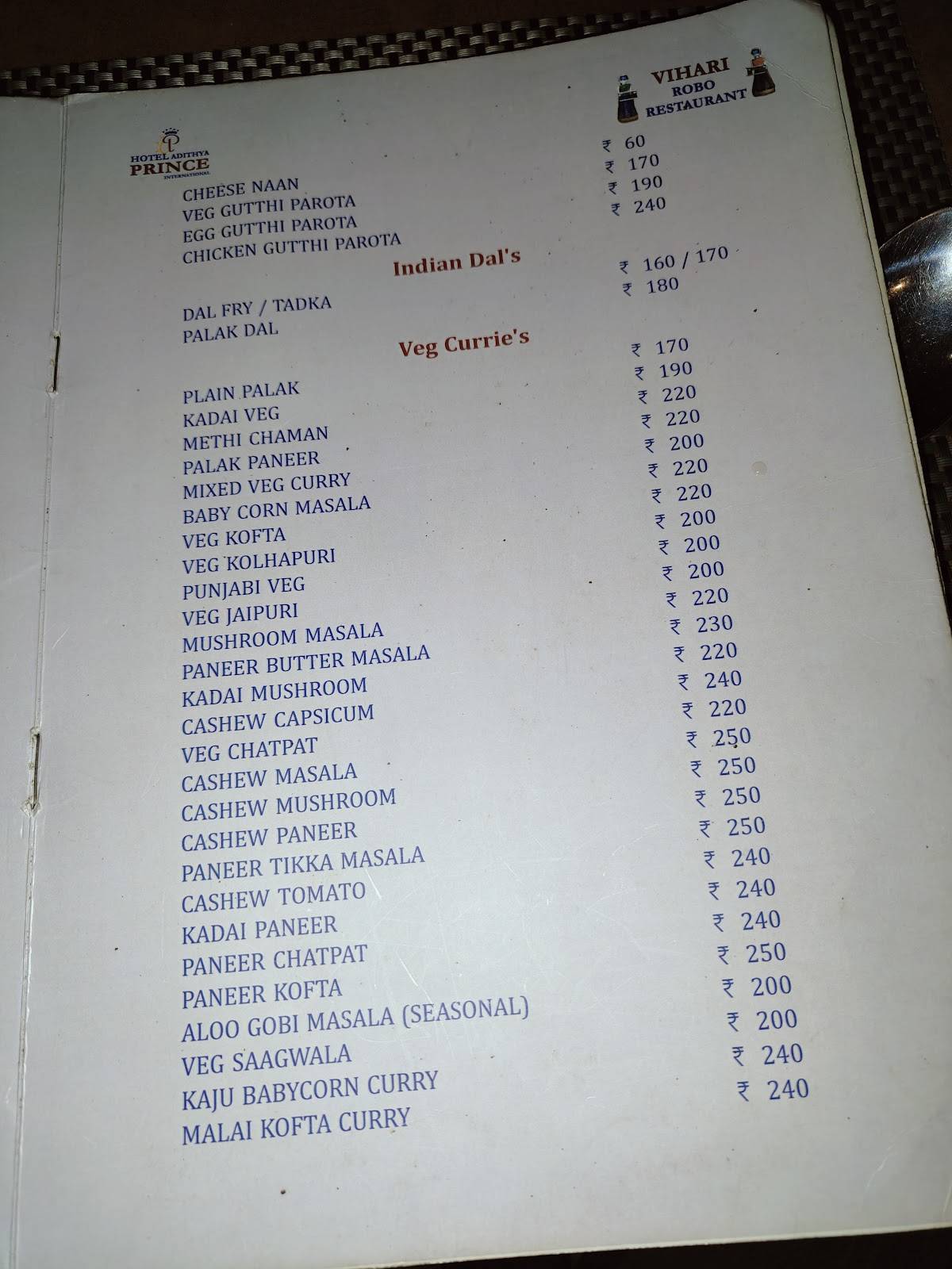Hotel Adithya Prince International - VIHARI ROBO RESTAURANT menu