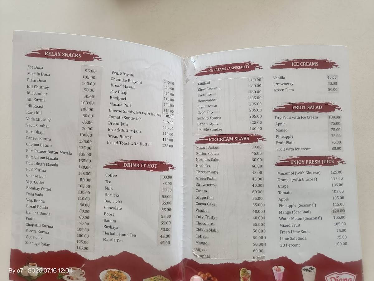 Hotel Diana menu