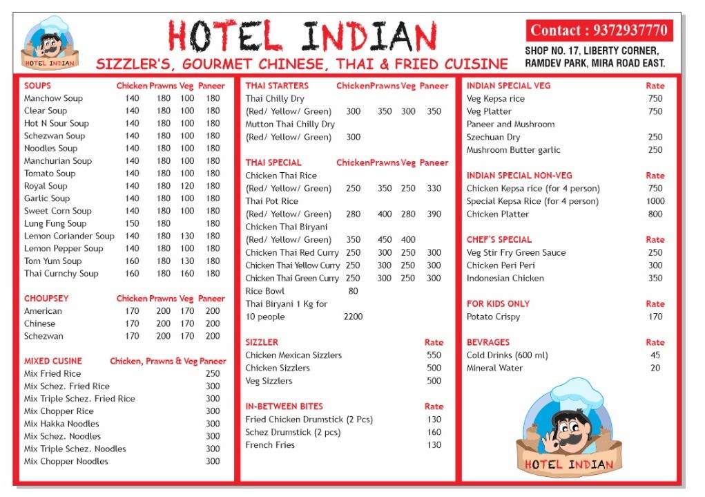 Hotel Indian menu