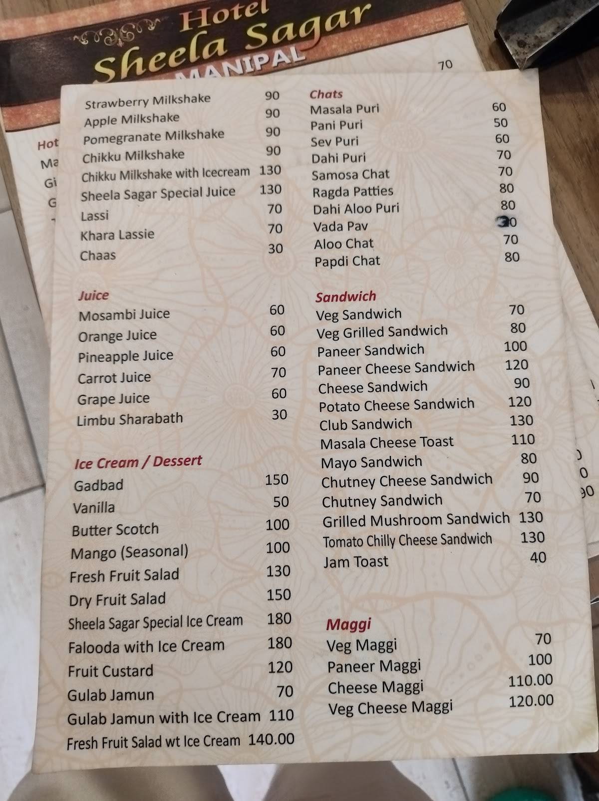 Hotel Sheela Sagar Veg menu