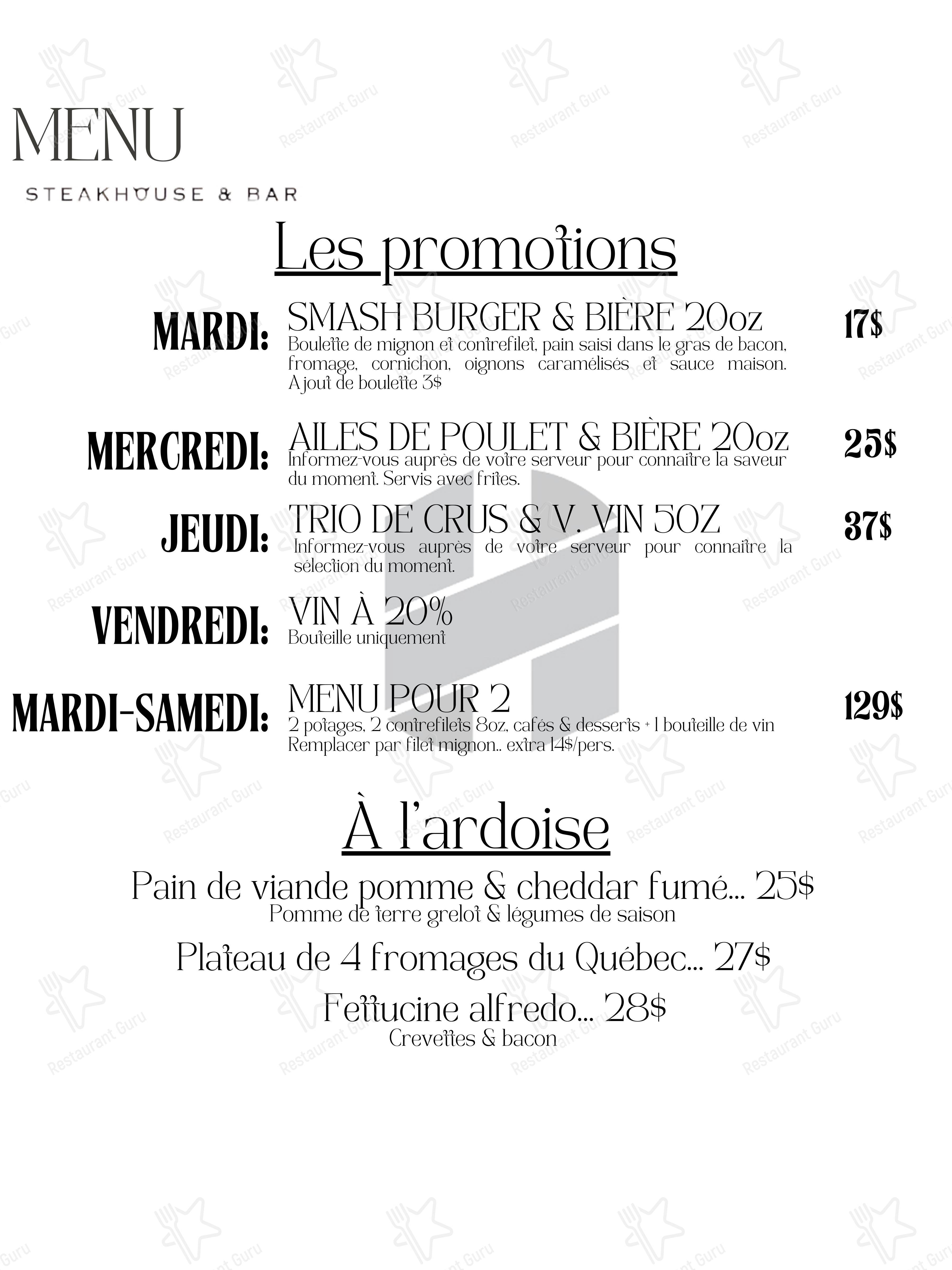 Hotel de la Rive Steakhouse & Bar dans Sorel-Tracy - Menu