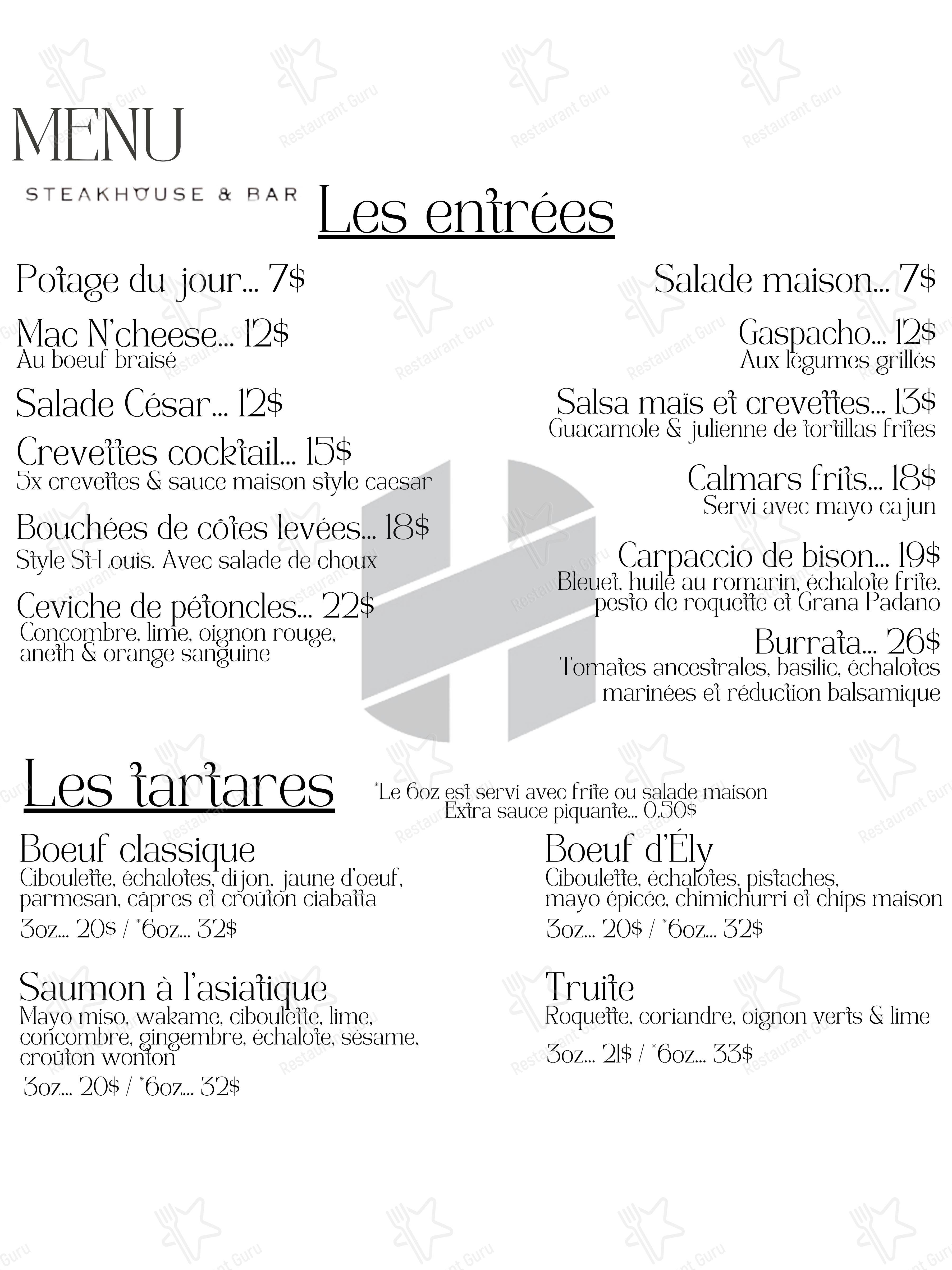 Menu pour Hotel de la Rive Steakhouse & Bar - Menu