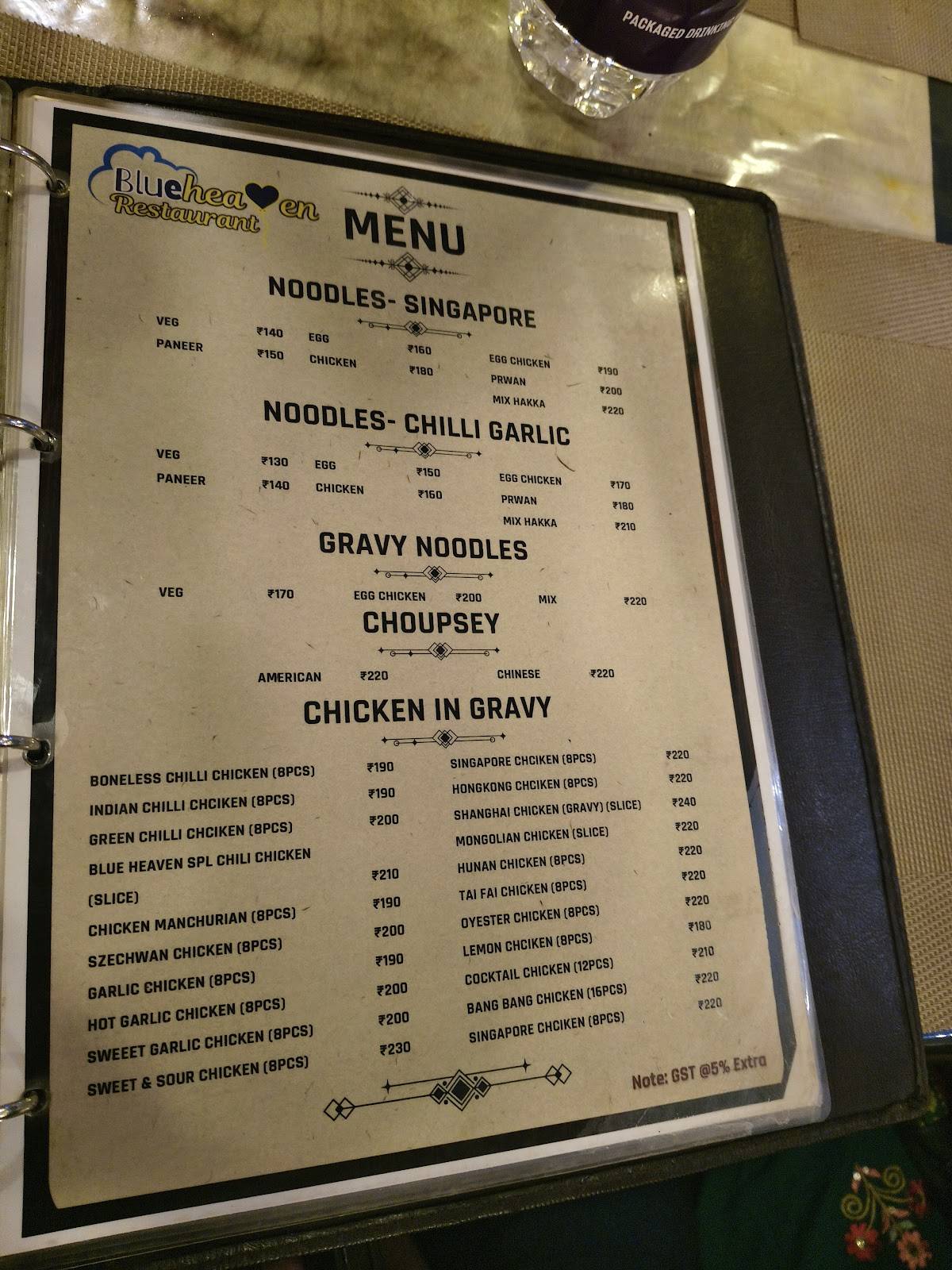 Blue Heaven Restaurant menu