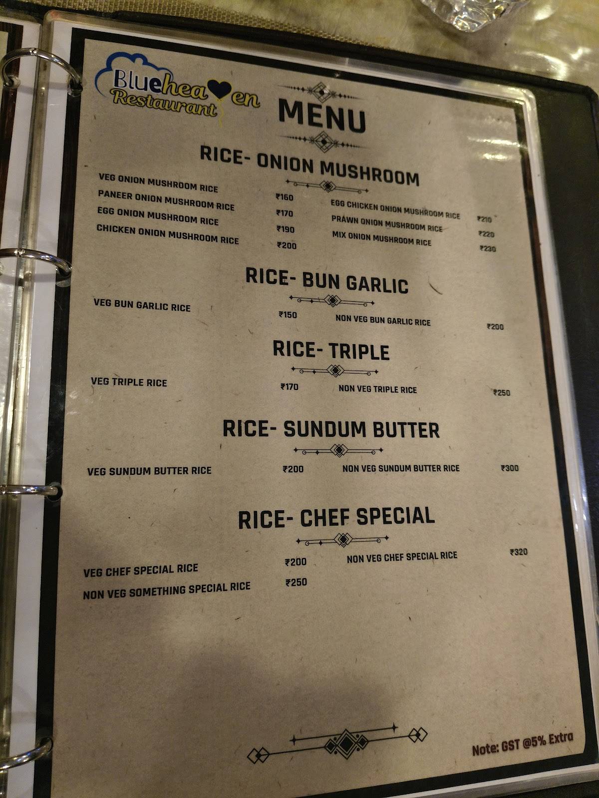 Blue Heaven Restaurant menu