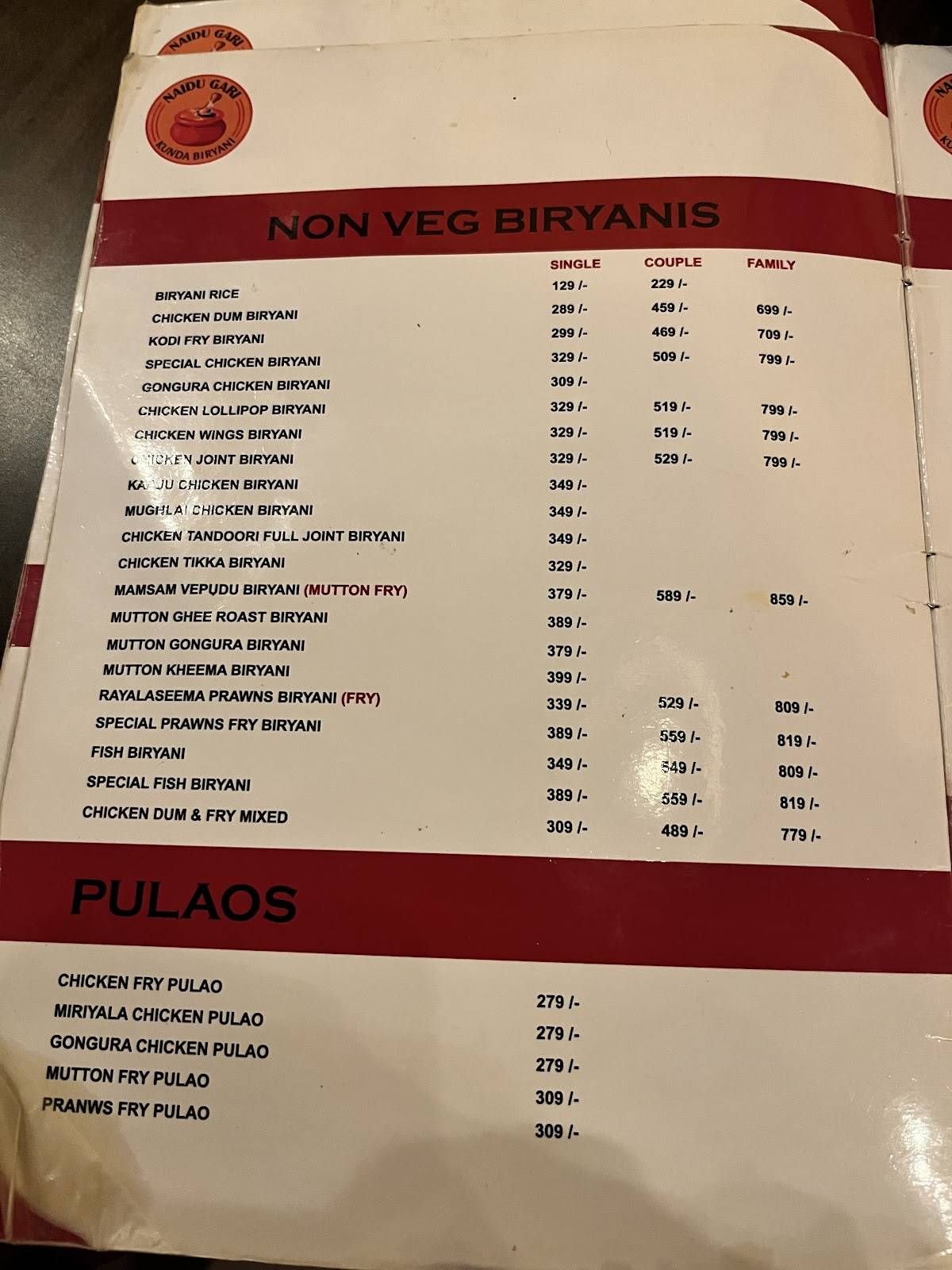 Naidu Gari Kunda Biryani-KPHB menu