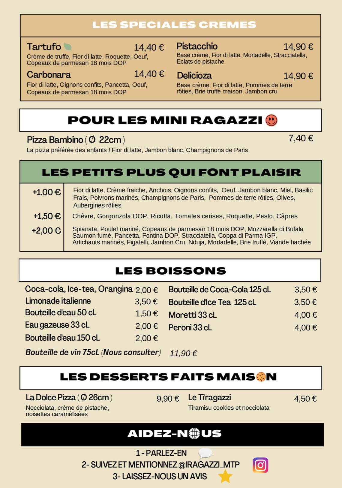 Menu de I RAGAZZI
