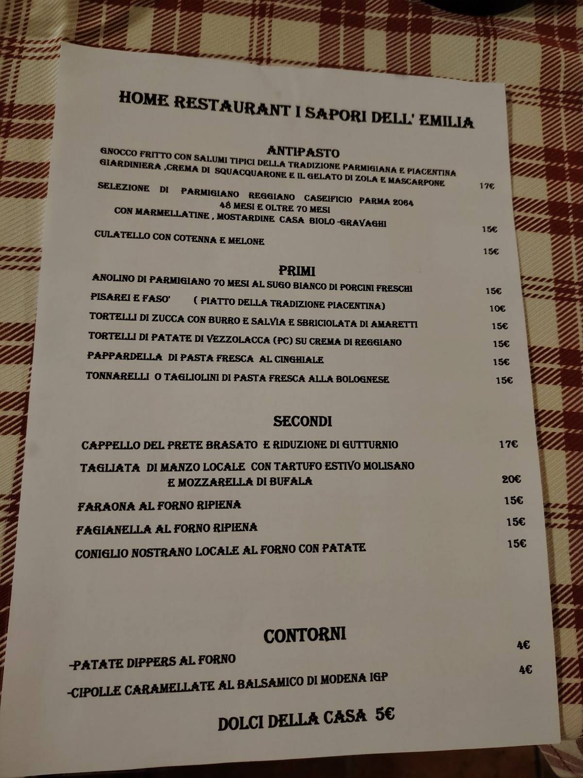 Menu di Home Restaurant I SAPORI DELL 'EMILIA 