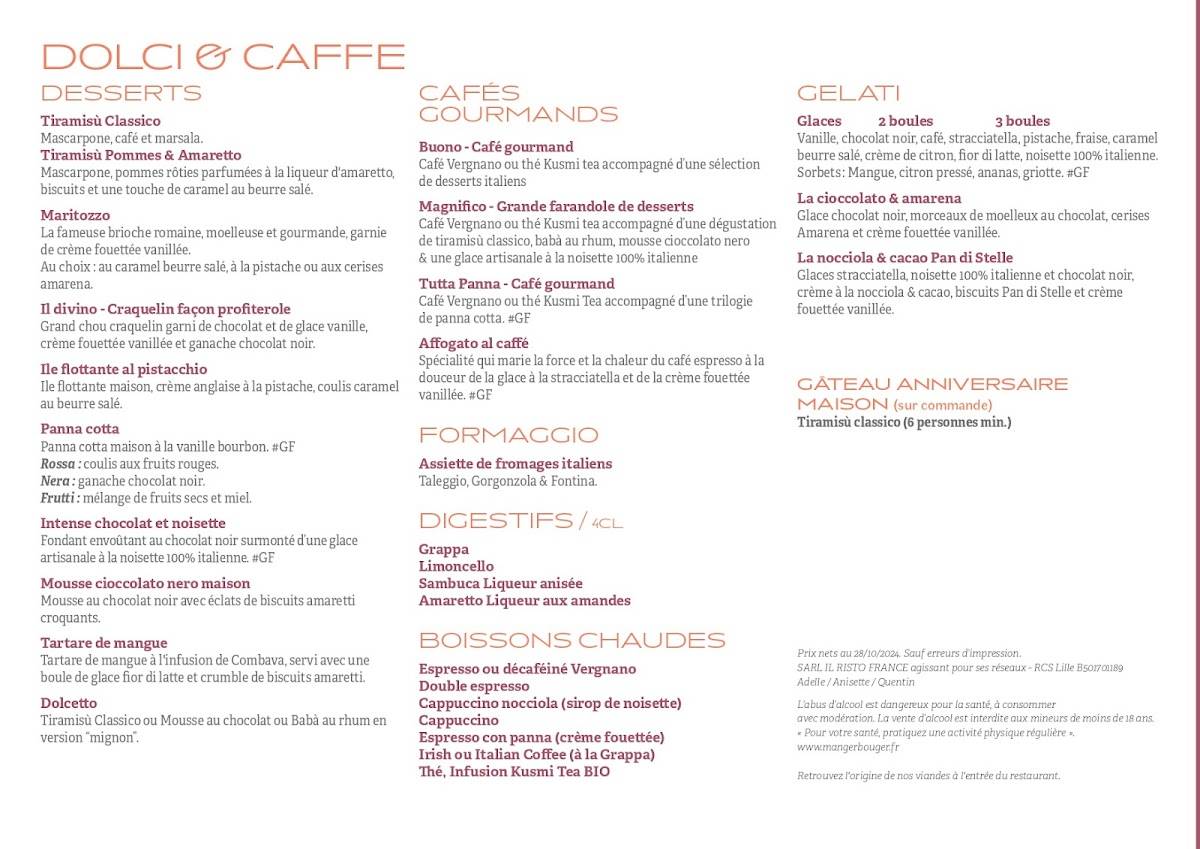 Menu de CASA ROSSA - La Brasserie Italienne d’Antibes