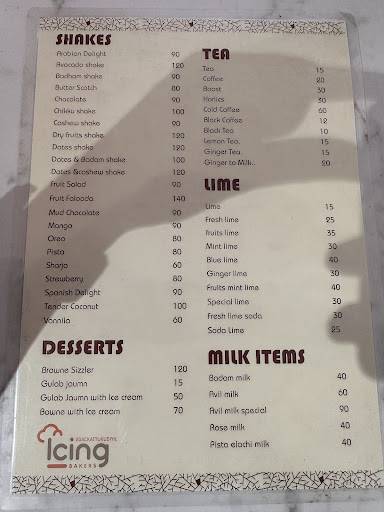 Icings Bakers menu