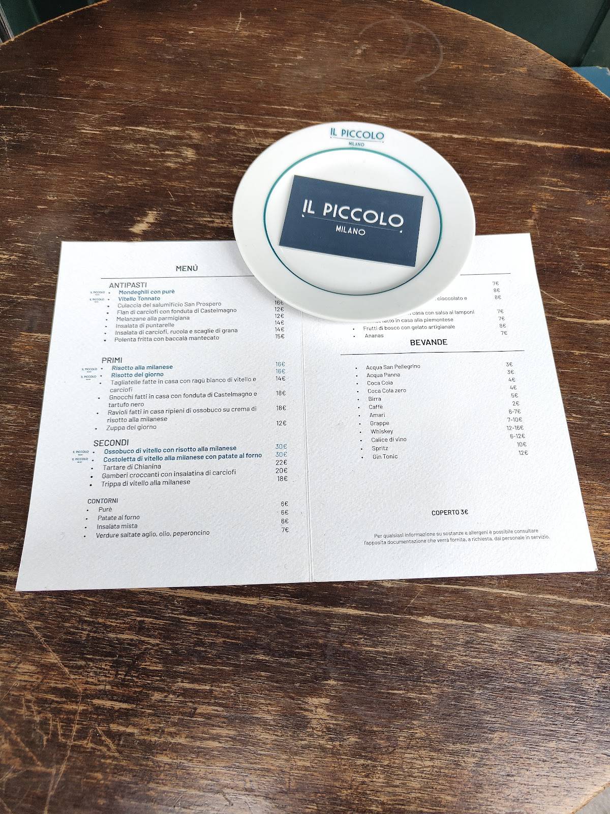 Menu di Il Piccolo - Milano 