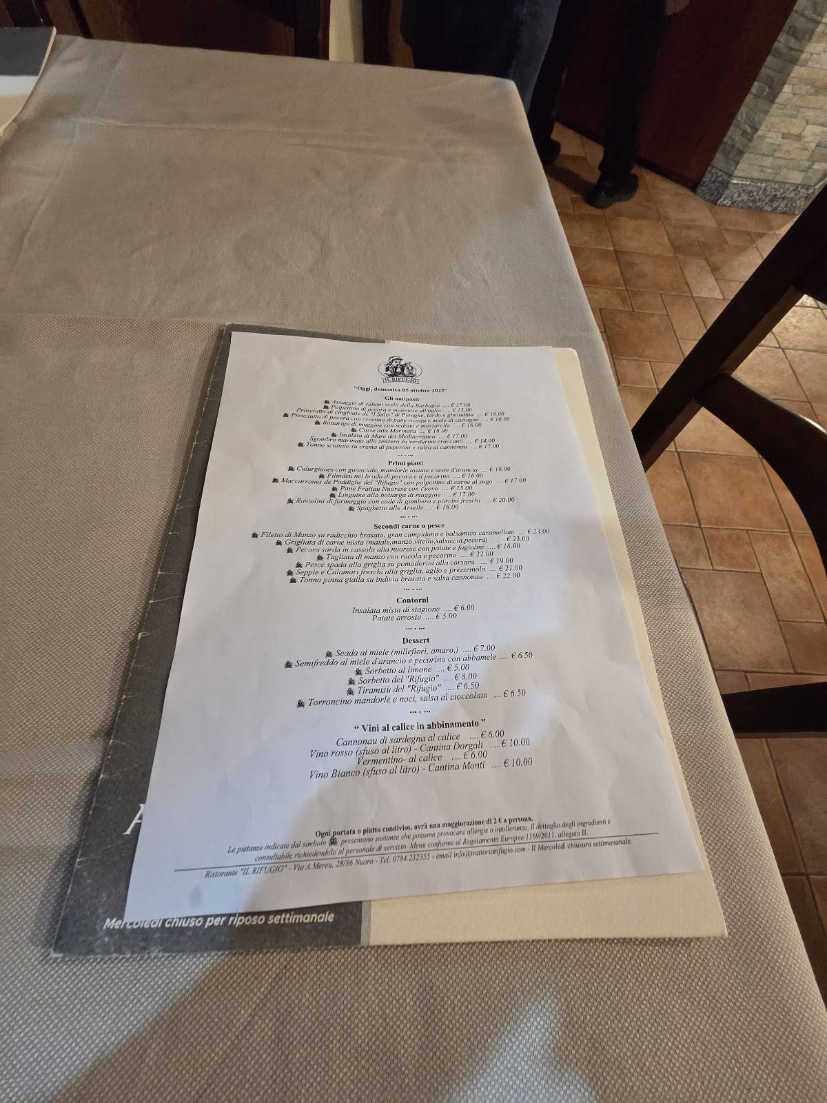 Menu di "Il Rifugio" 