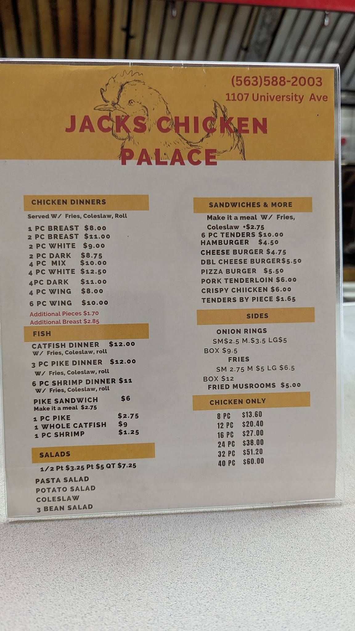 Menu at Jack's Chicken Palace restaurant, Dubuque