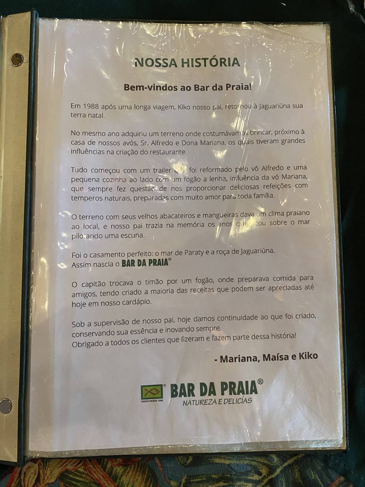 Bar da Praia cardápio