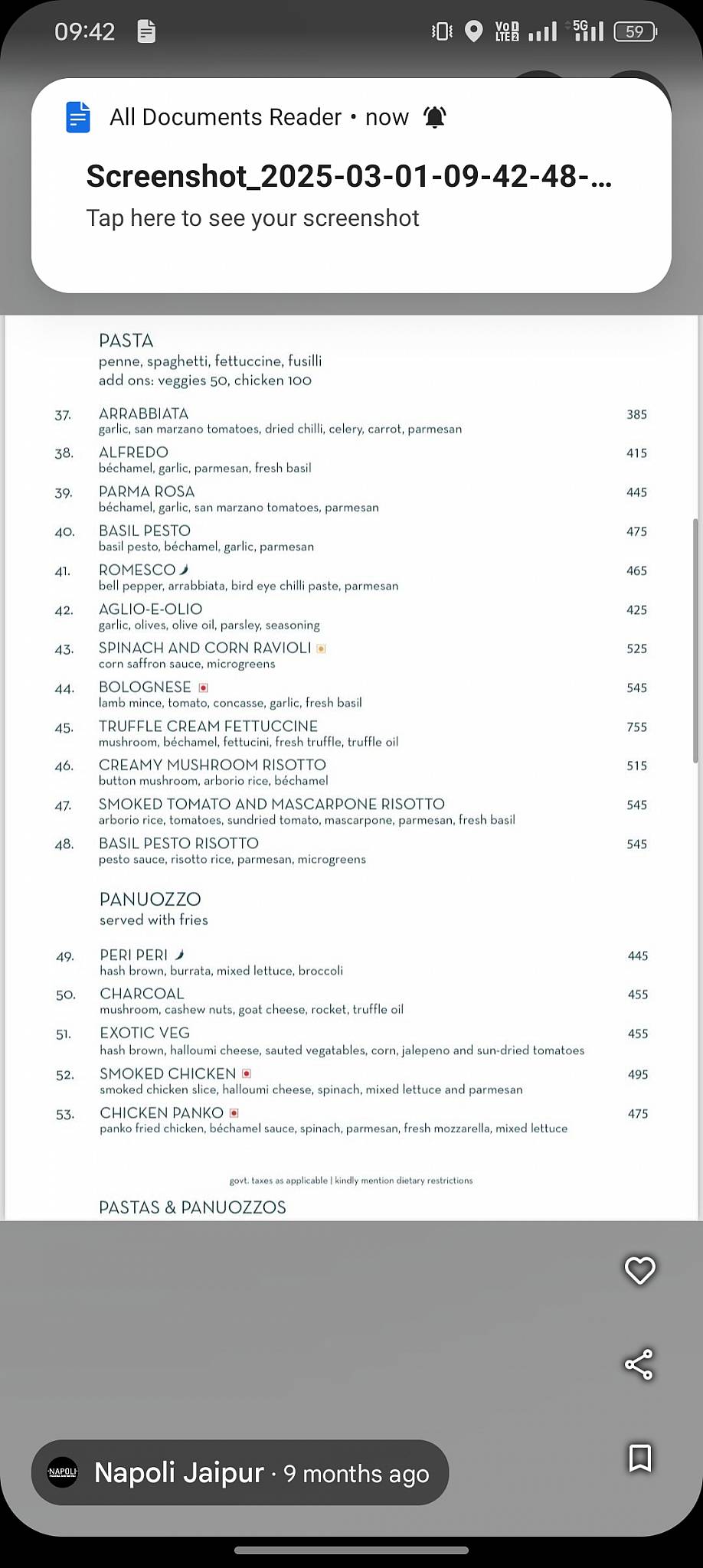 Napoli Jaipur menu