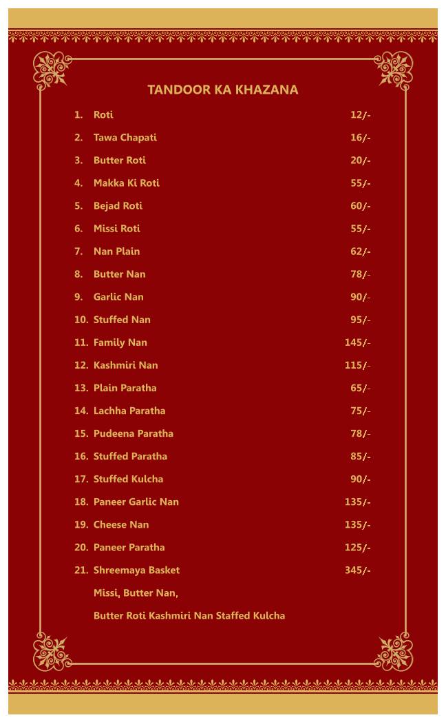 Shreemaya Restaurant menu