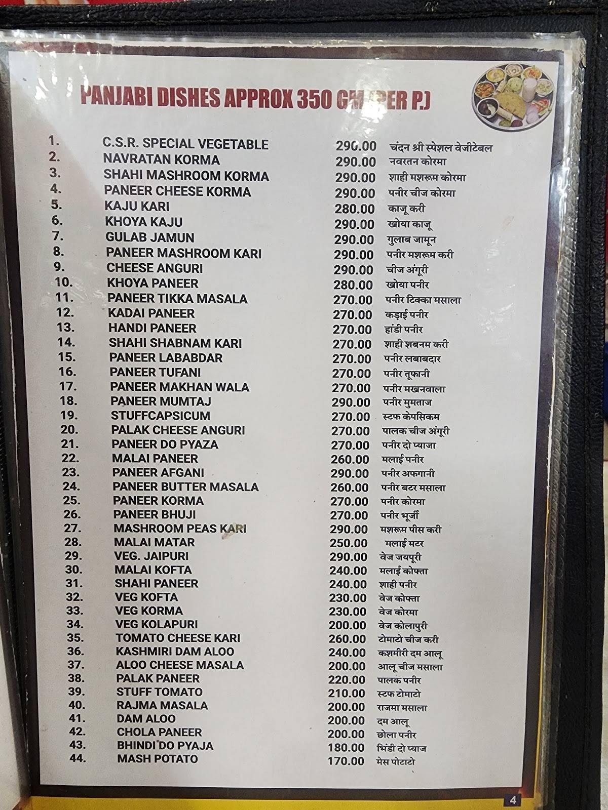 Chandan shree restaurant menu