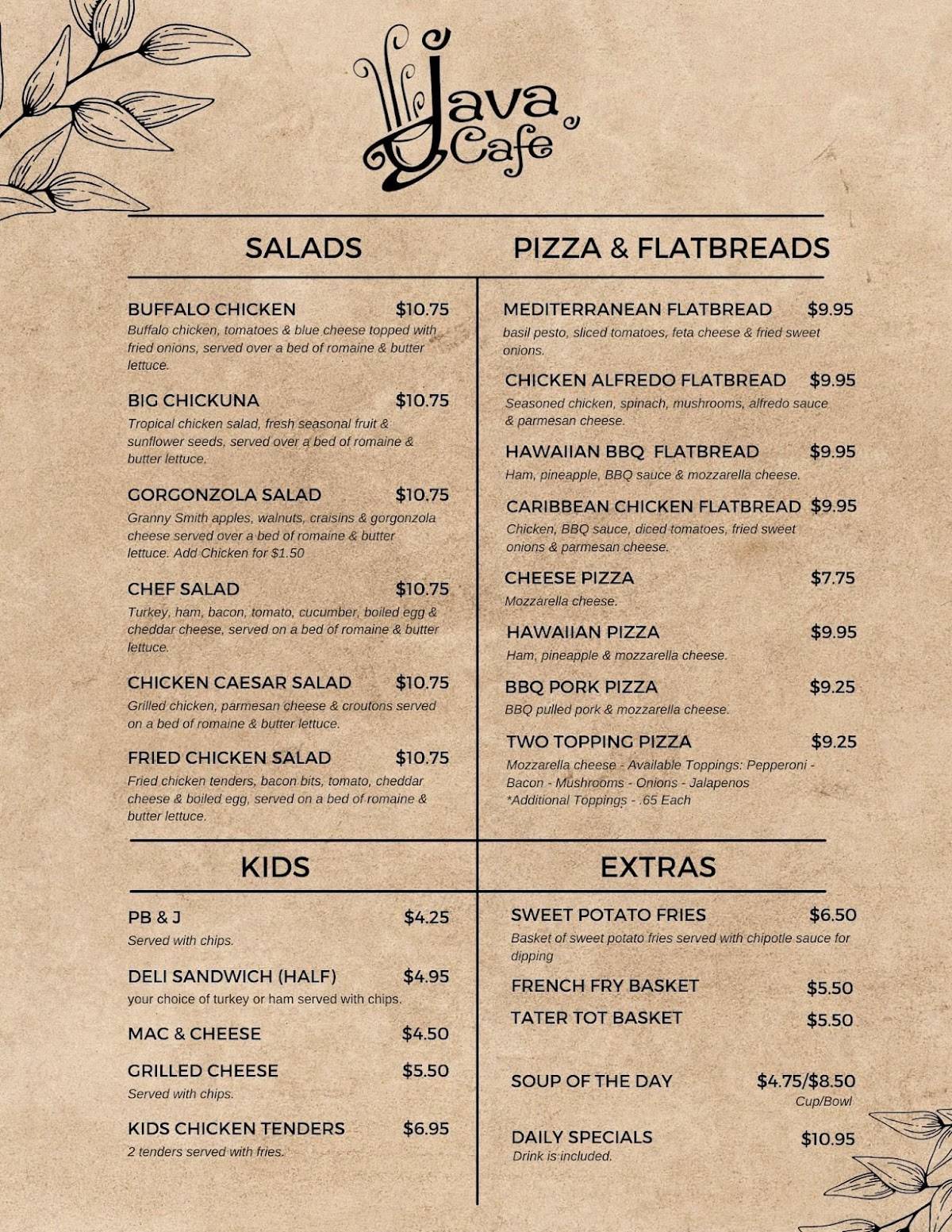 Menu at Java Cafe, Wauchula