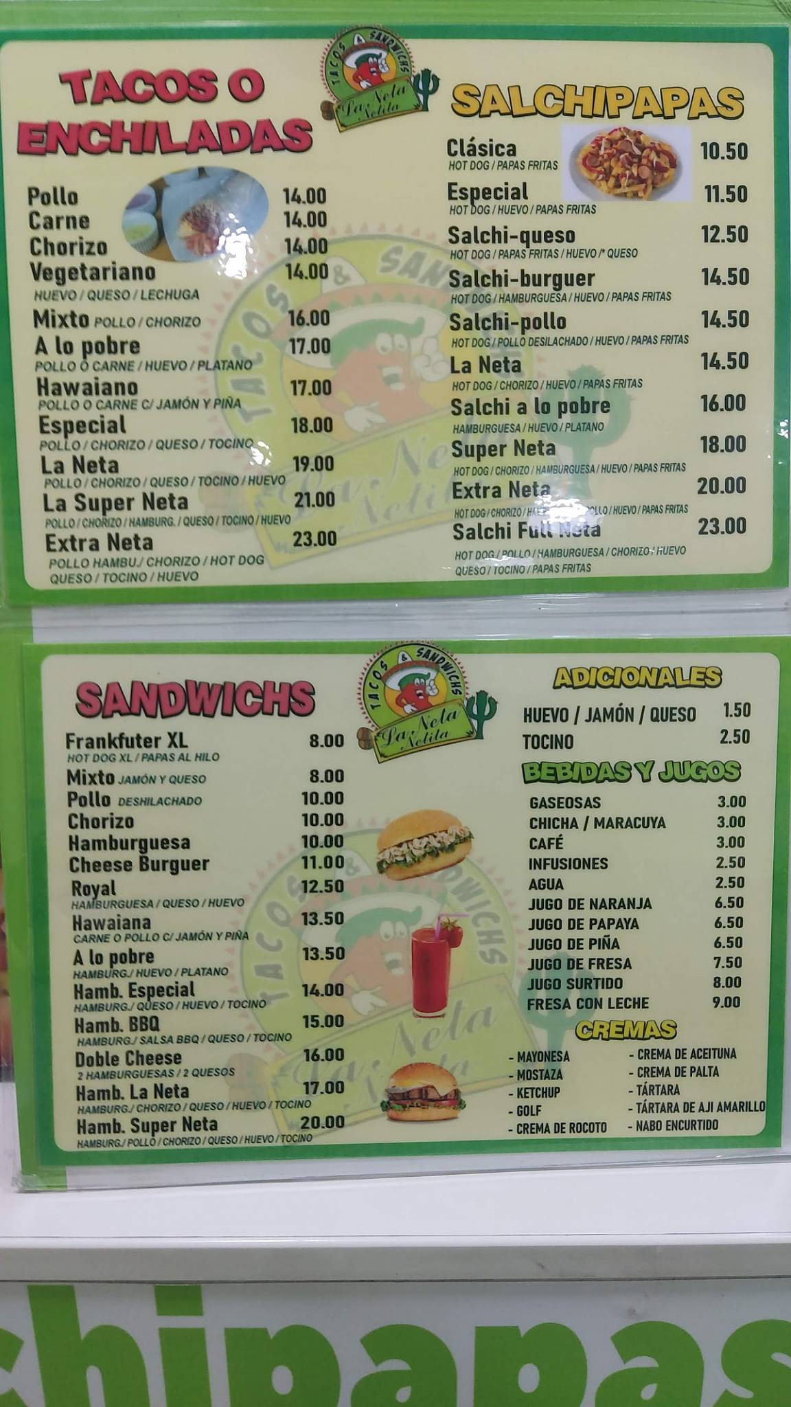 Menu at Tacos Y Enchiladas La NETA restaurant, Jesus Maria