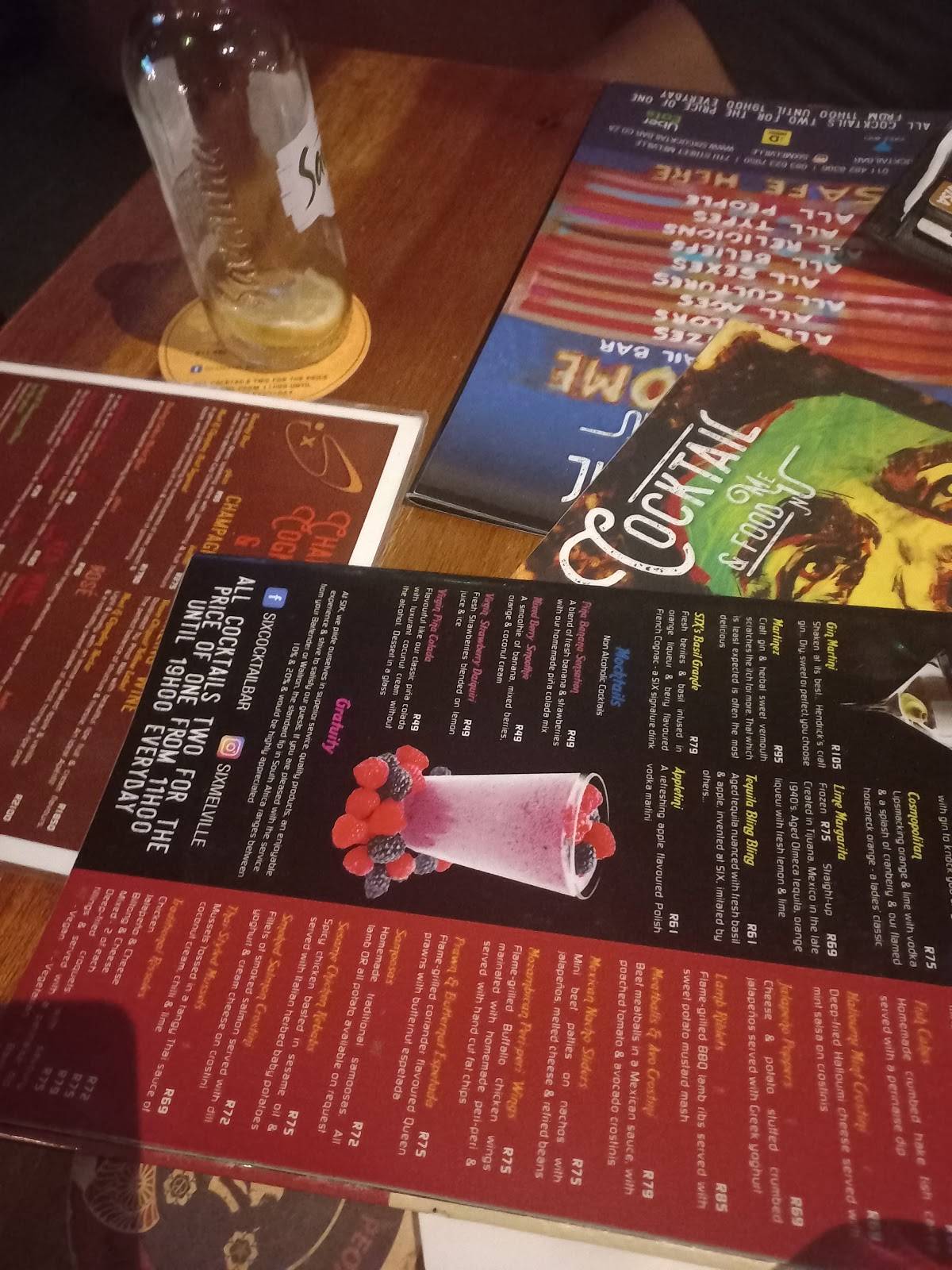 Menu at Six Cocktail Bar, Johannesburg