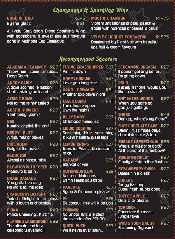 Menu at Six Cocktail Bar, Johannesburg