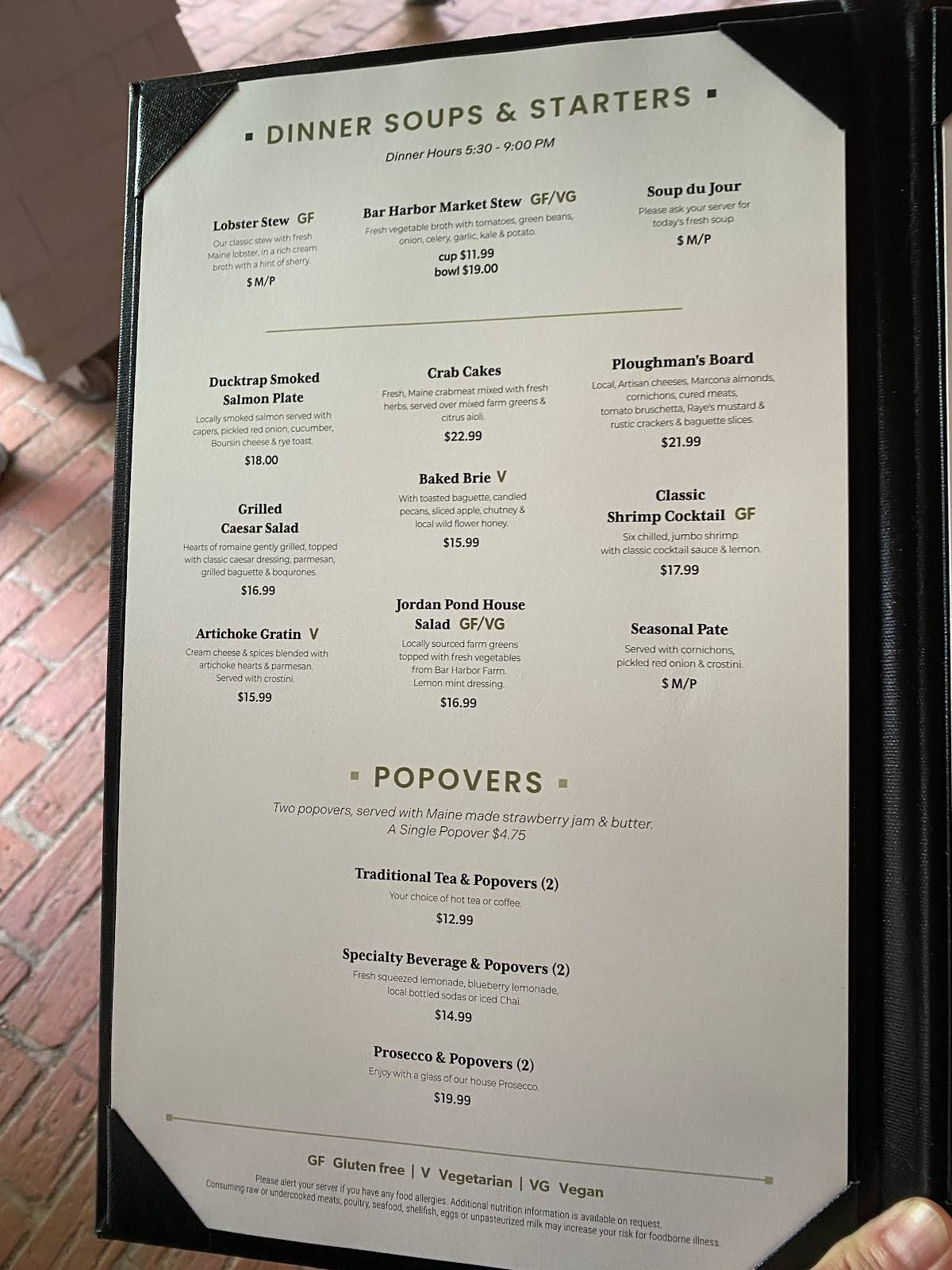 Menu at Jordan Pond House Restaurant, Mount Desert, Park Loop Rd