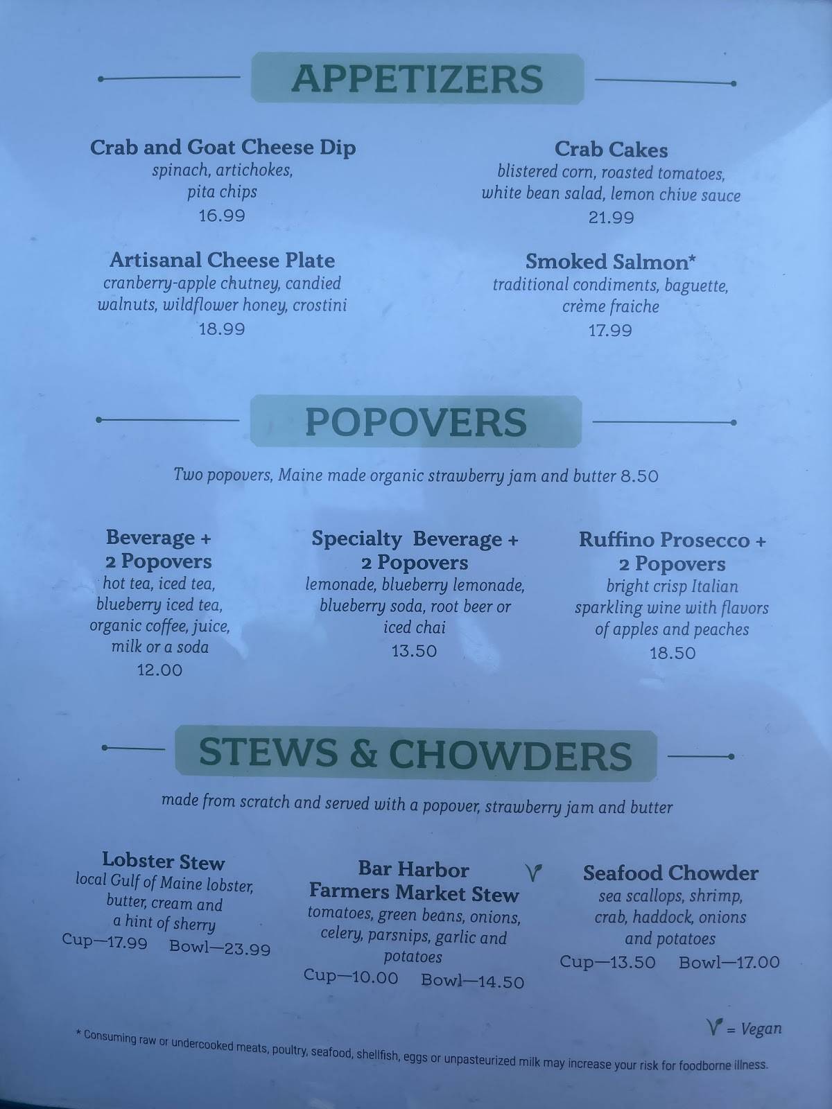 Menu at Jordan Pond House Restaurant, Mount Desert, Park Loop Rd